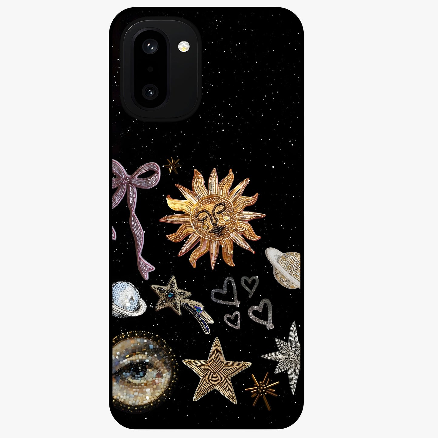Galactic Sun Charm Glass Case for 1+15R radiant front view featuring celestial sun artwork with cosmic accents