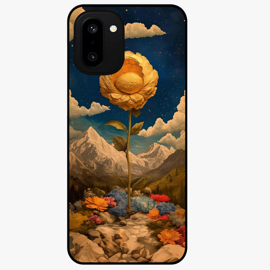Golden Blossom Elegance Glass Case for 1+15R graceful front view featuring refined golden floral artwork