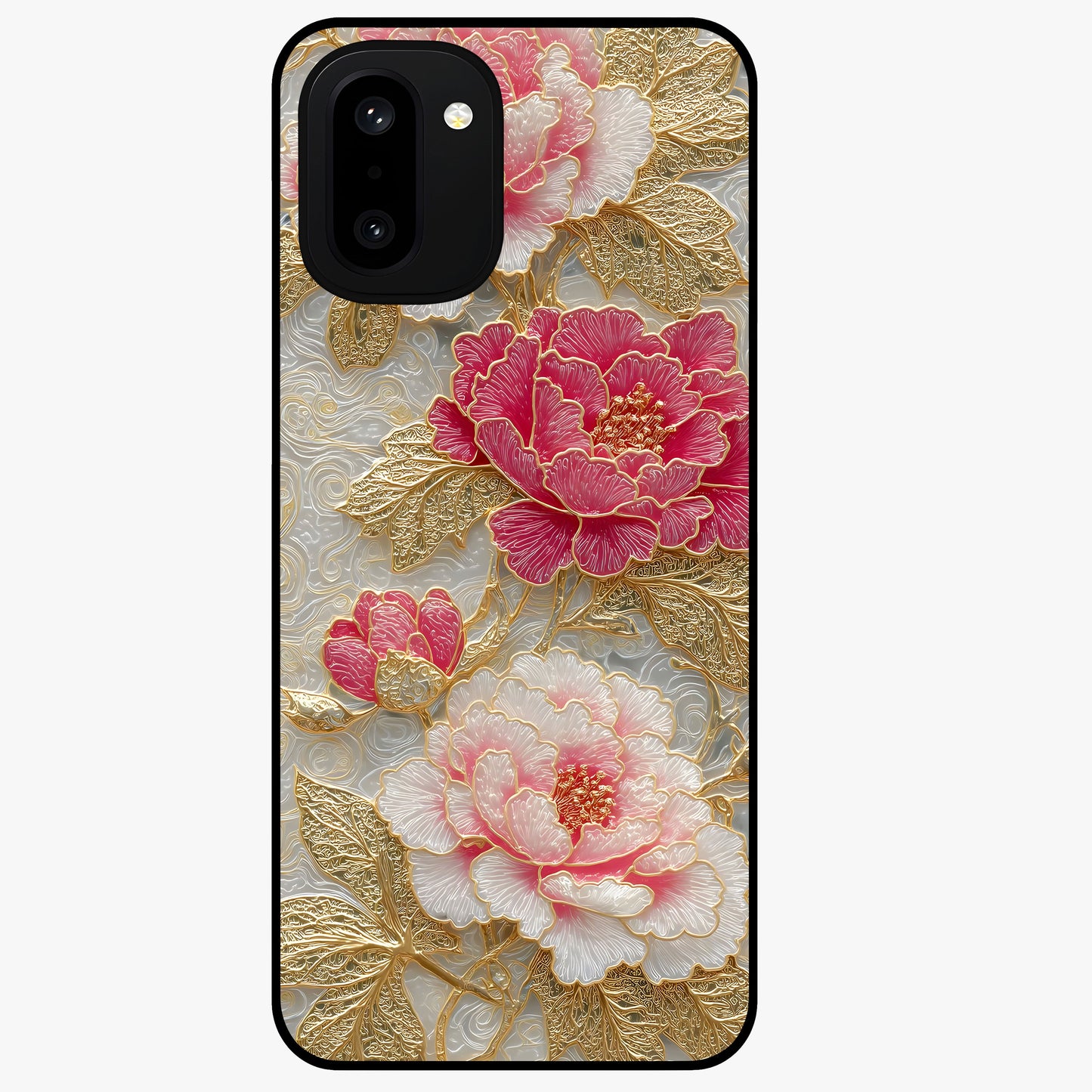 Golden Celestial Charm Glass Case for 1+15R radiant front view featuring celestial artwork with golden accents