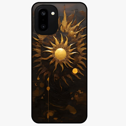 Golden Sun Minimalism Glass Case for 1+15R clean front view featuring minimalist golden sun artwork