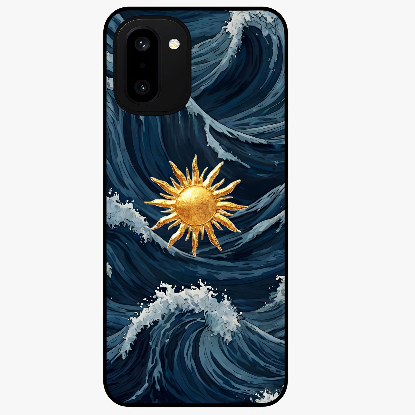 Gold Sun Blush Glass Case for 1+15R elegant front view featuring warm golden sun inspired artwork