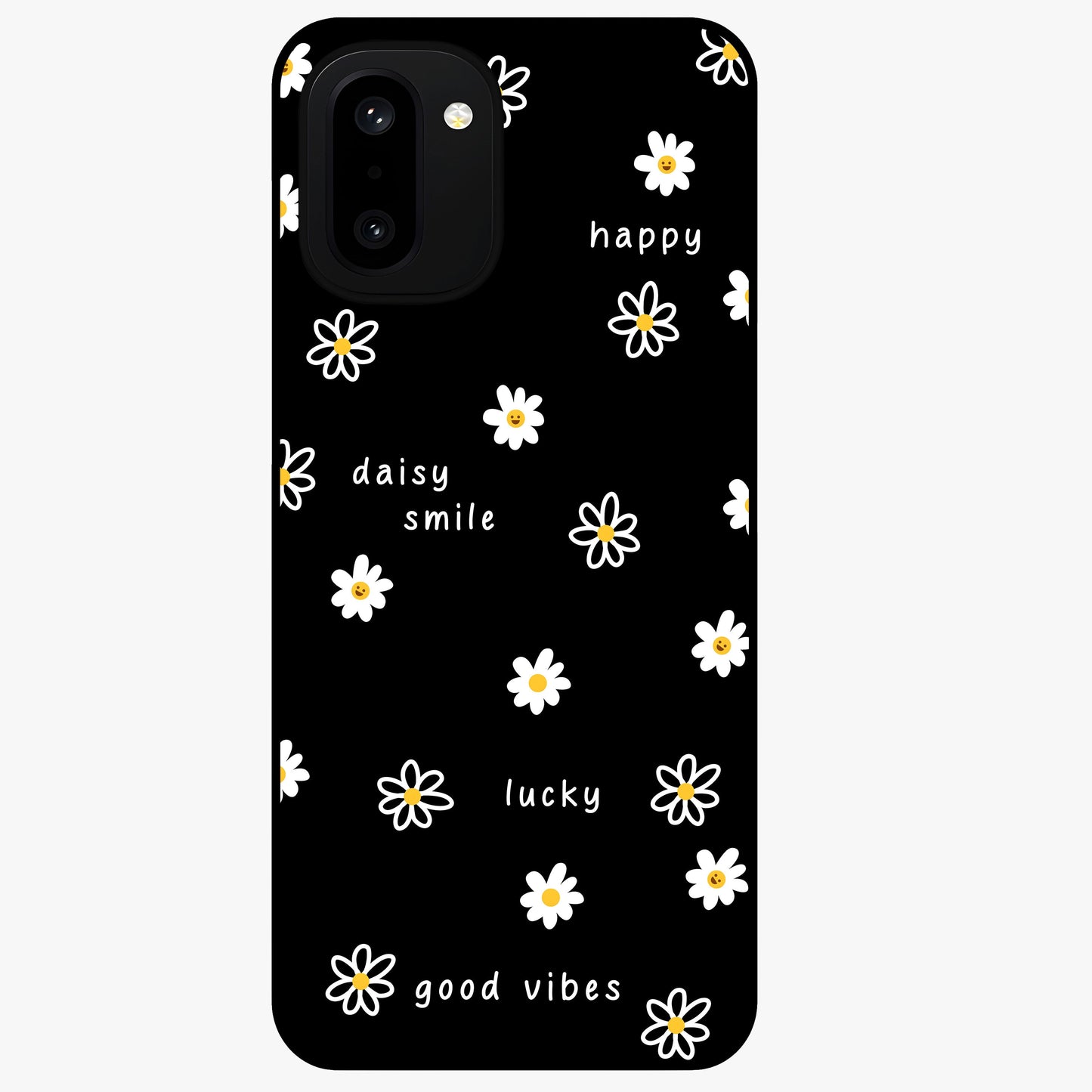 Good Vibes Daisy Black Pattern Glass Case for 1+15R stylish front view featuring white daisy artwork on black background