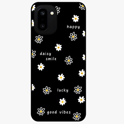 Good Vibes Daisy Black Pattern Glass Case for 1+15R stylish front view featuring white daisy artwork on black background