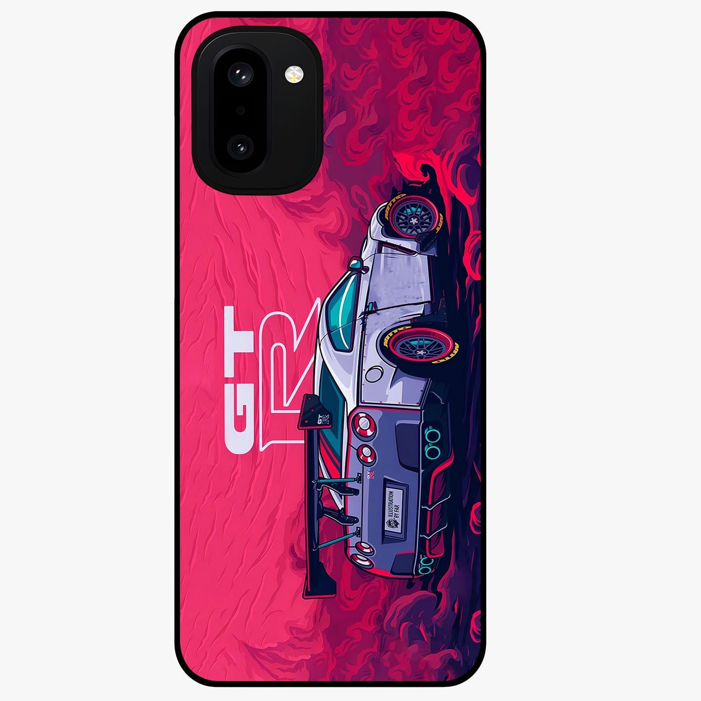 Gt R Car Pattern Glass Case for 1+15R bold front view featuring performance car inspired pattern artwork
