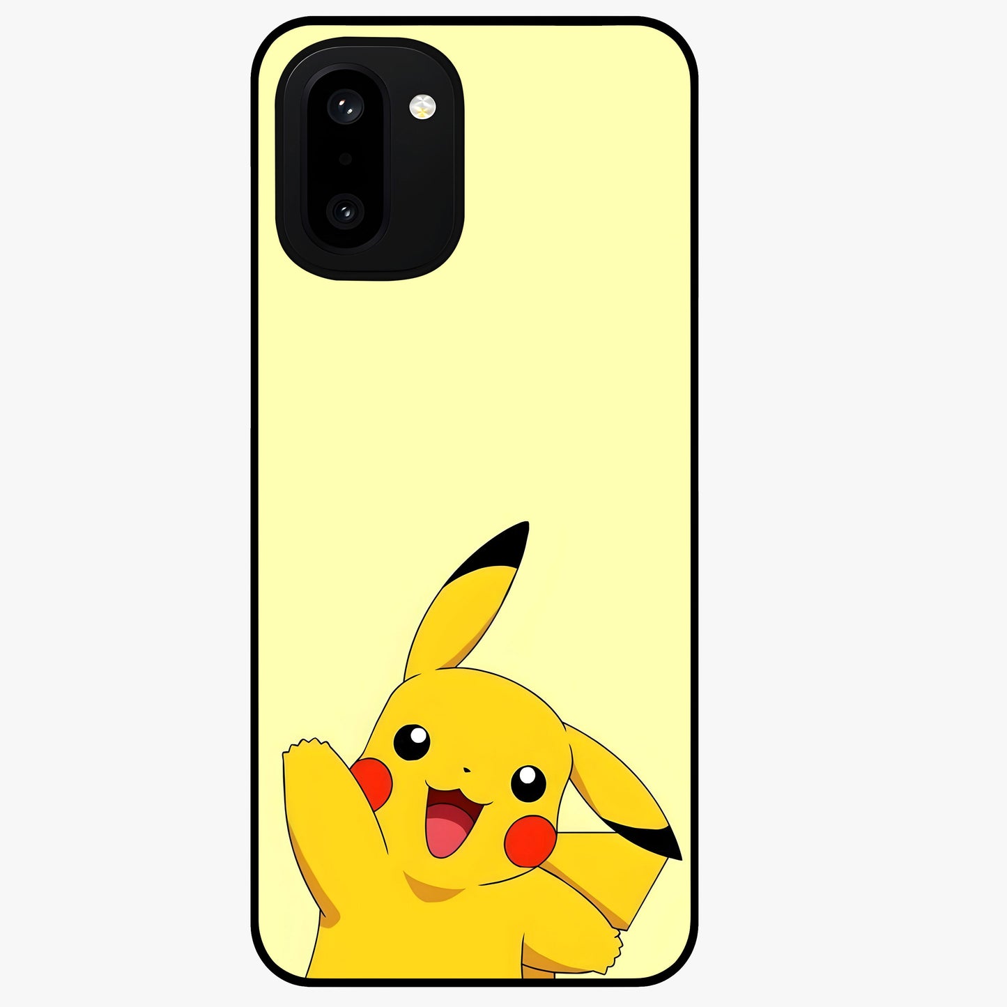 Happy Electric Pikachu Glass Case for 1+15R energetic front view featuring electric themed cartoon artwork