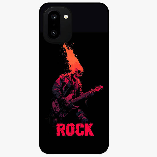 Hellfire Rock Anthem Glass Case for 1+15R showing full back design in clean flat view with fiery rock-inspired artwork and glossy glass finish.