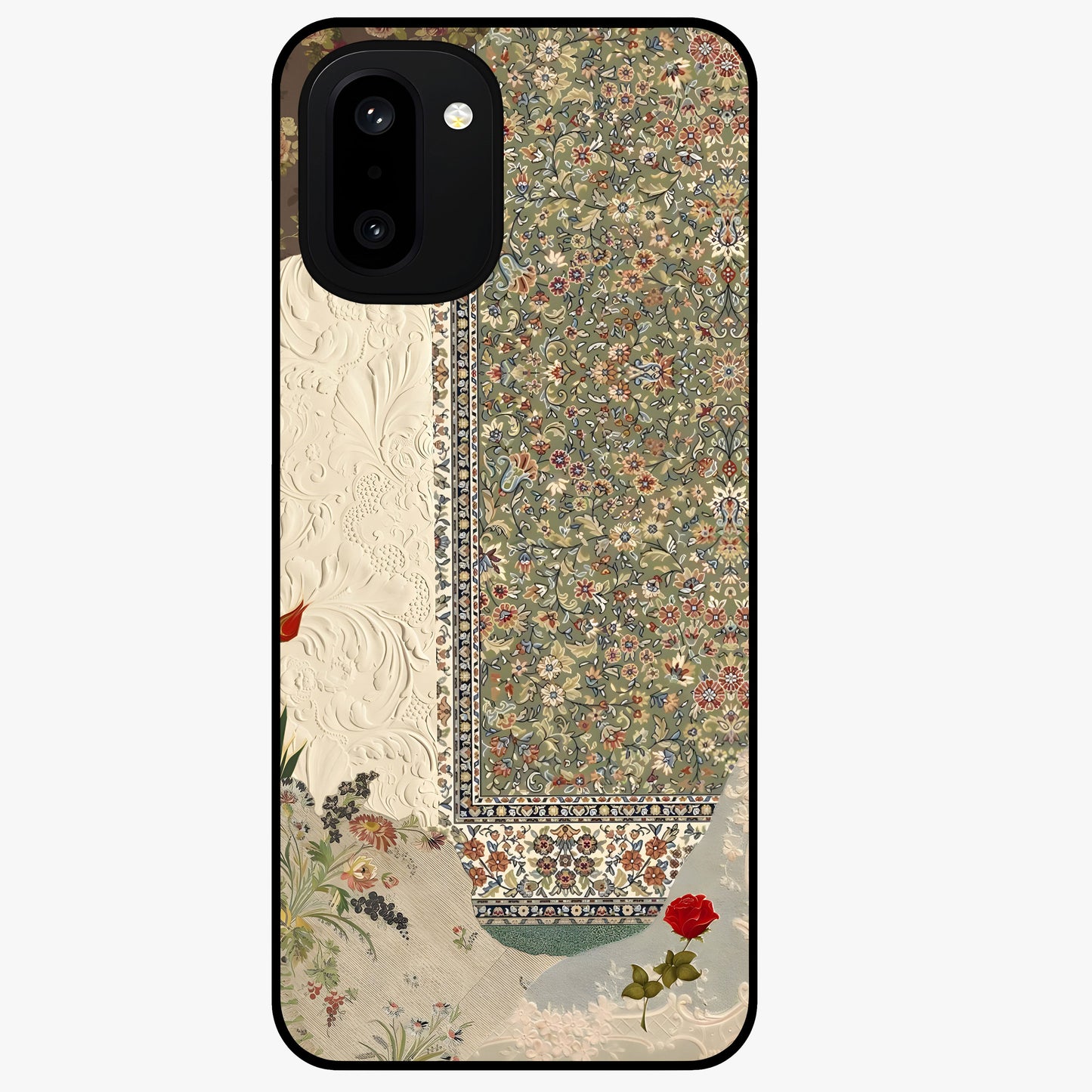 Heritage Textile Layers Glass Case for 1+15R showing full back design in clean flat view with layered textile-inspired artwork and glossy glass finish.