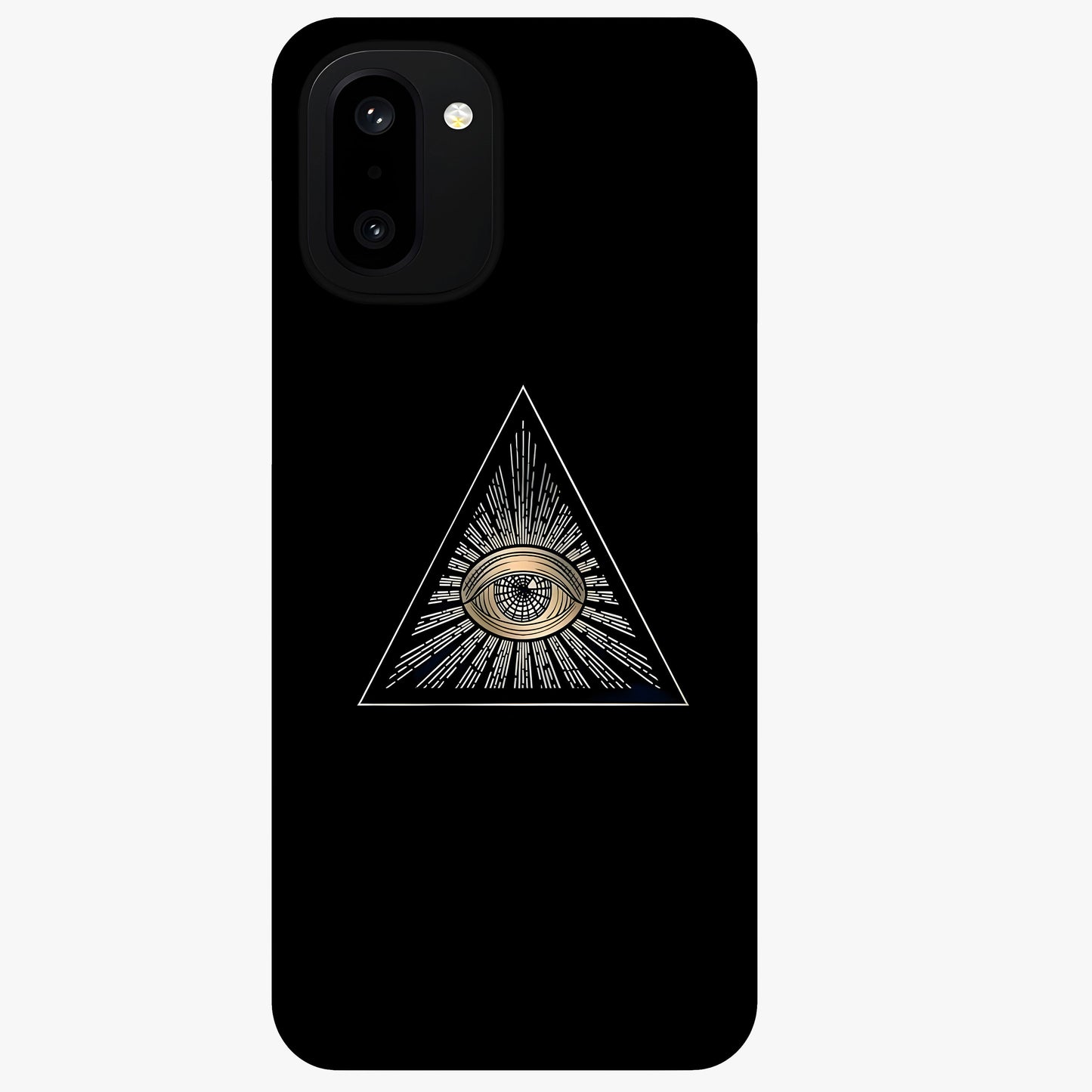 Illuminati Evil Glass Case for 1+15R showing full back design in clean flat view with bold symbolic artwork and glossy glass finish.