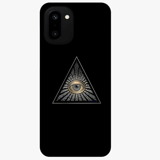 Illuminati Evil Glass Case for 1+15R showing full back design in clean flat view with bold symbolic artwork and glossy glass finish.