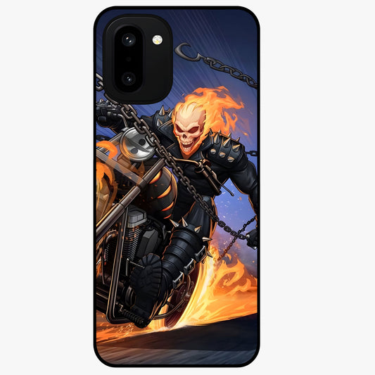 Inferno Chain Rider Glass Case for 1+15R showing full back design in clean flat view with fiery chain rider artwork and glossy glass finish.