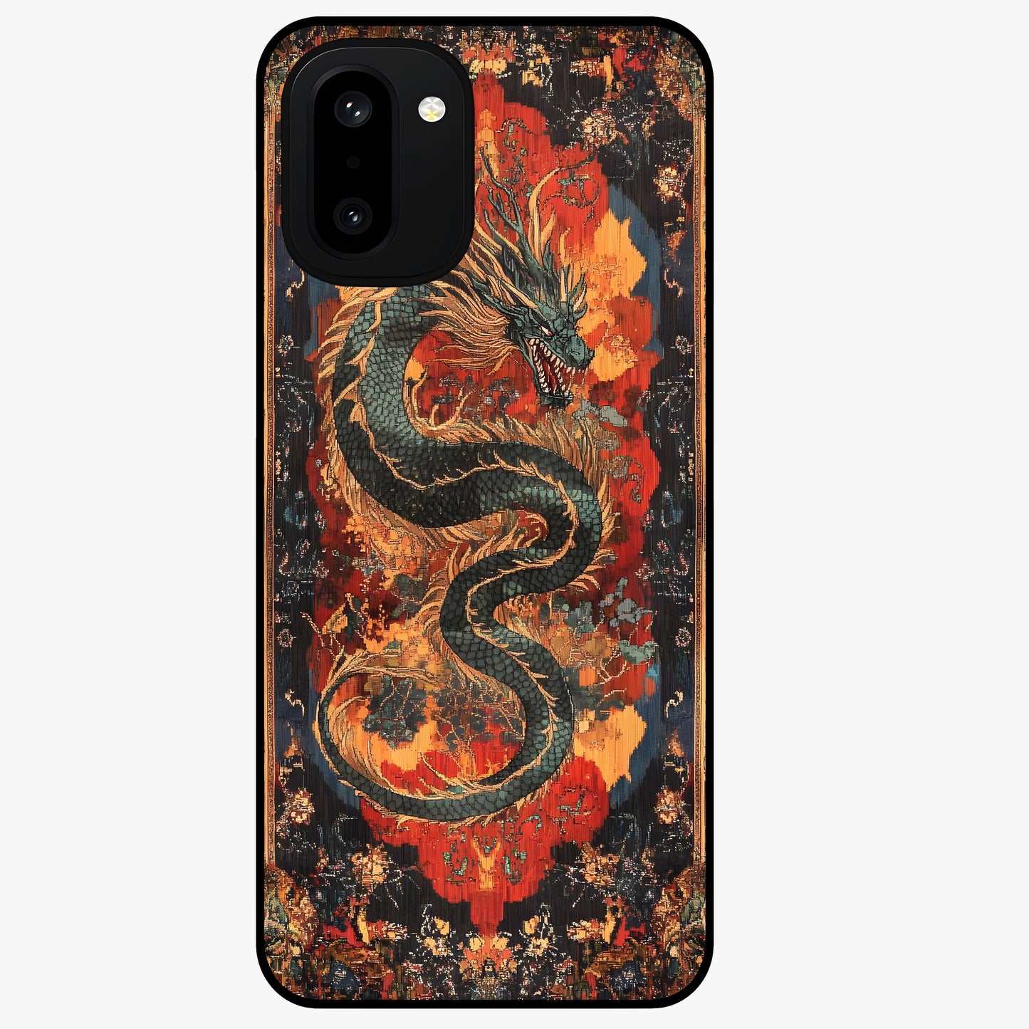 Inferno Dragon Soul Glass Case for 1+15R showing full back design in clean flat view with blazing dragon artwork and glossy glass finish.
