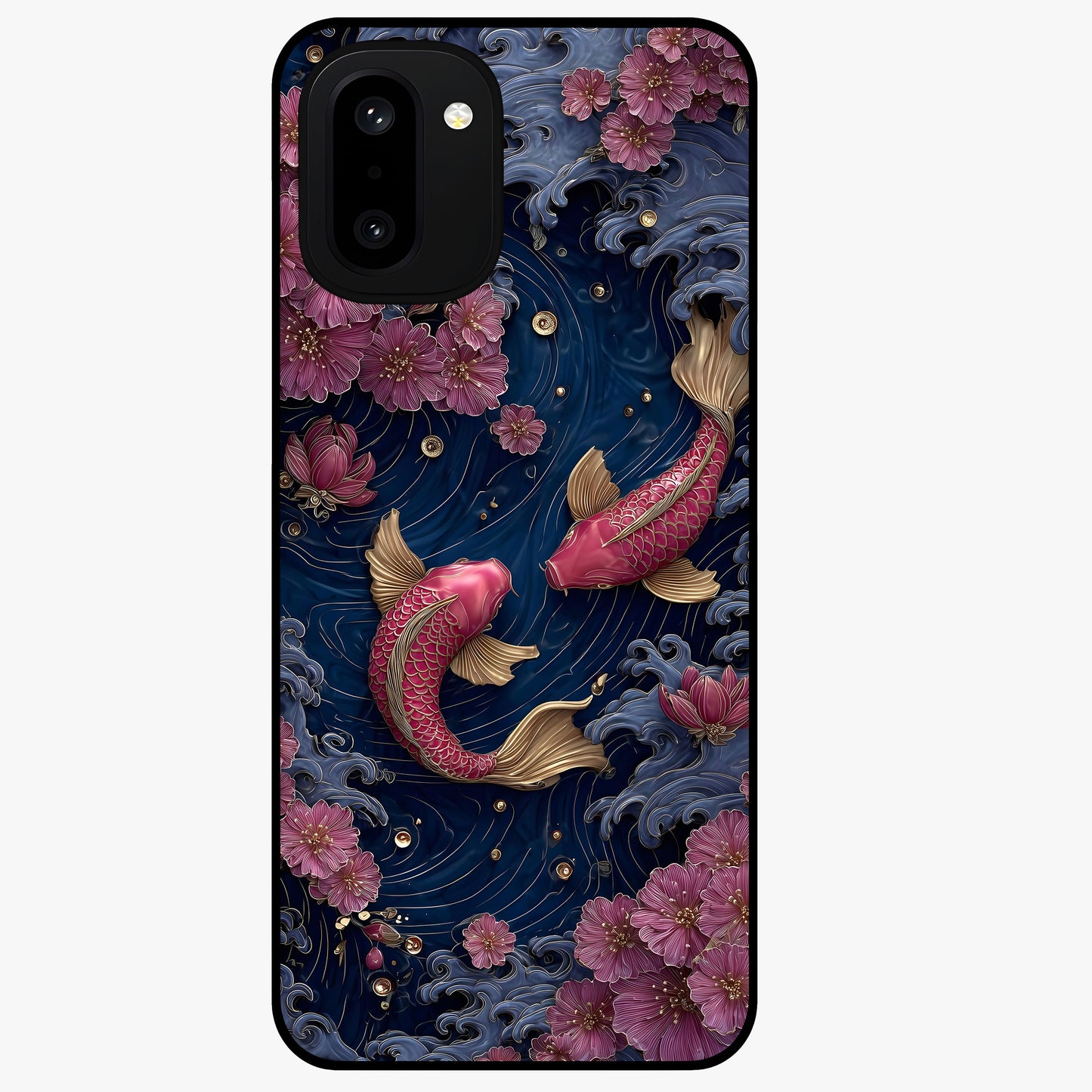 Koi Wave Dance Glass Case for 1+15R artistic front view featuring flowing koi fish artwork with wave patterns