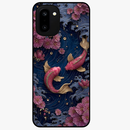 Koi Wave Dance Glass Case for 1+15R artistic front view featuring flowing koi fish artwork with wave patterns