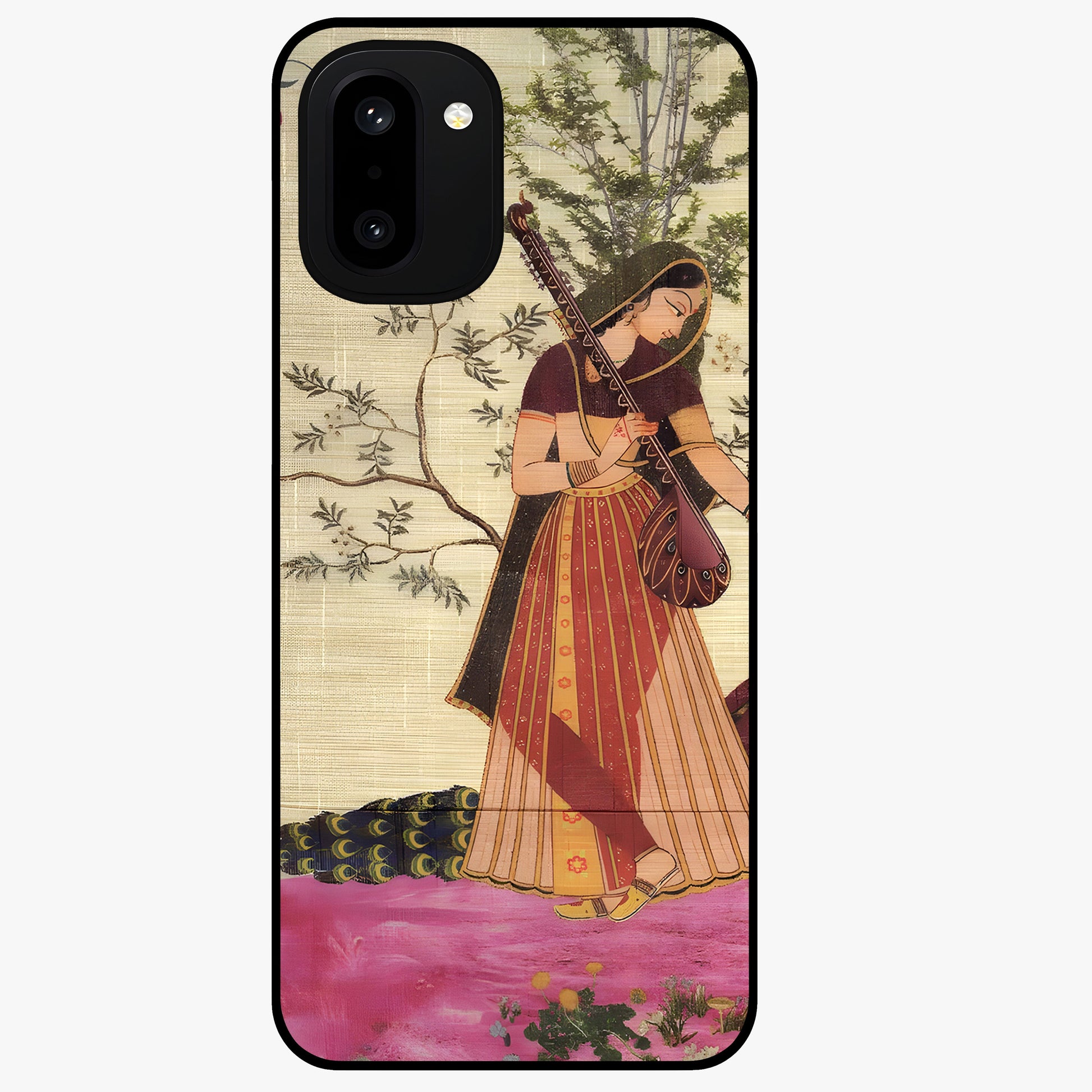 Lady With Veena Art Glass Case for 1+15R elegant front view featuring classical musical inspired artwork