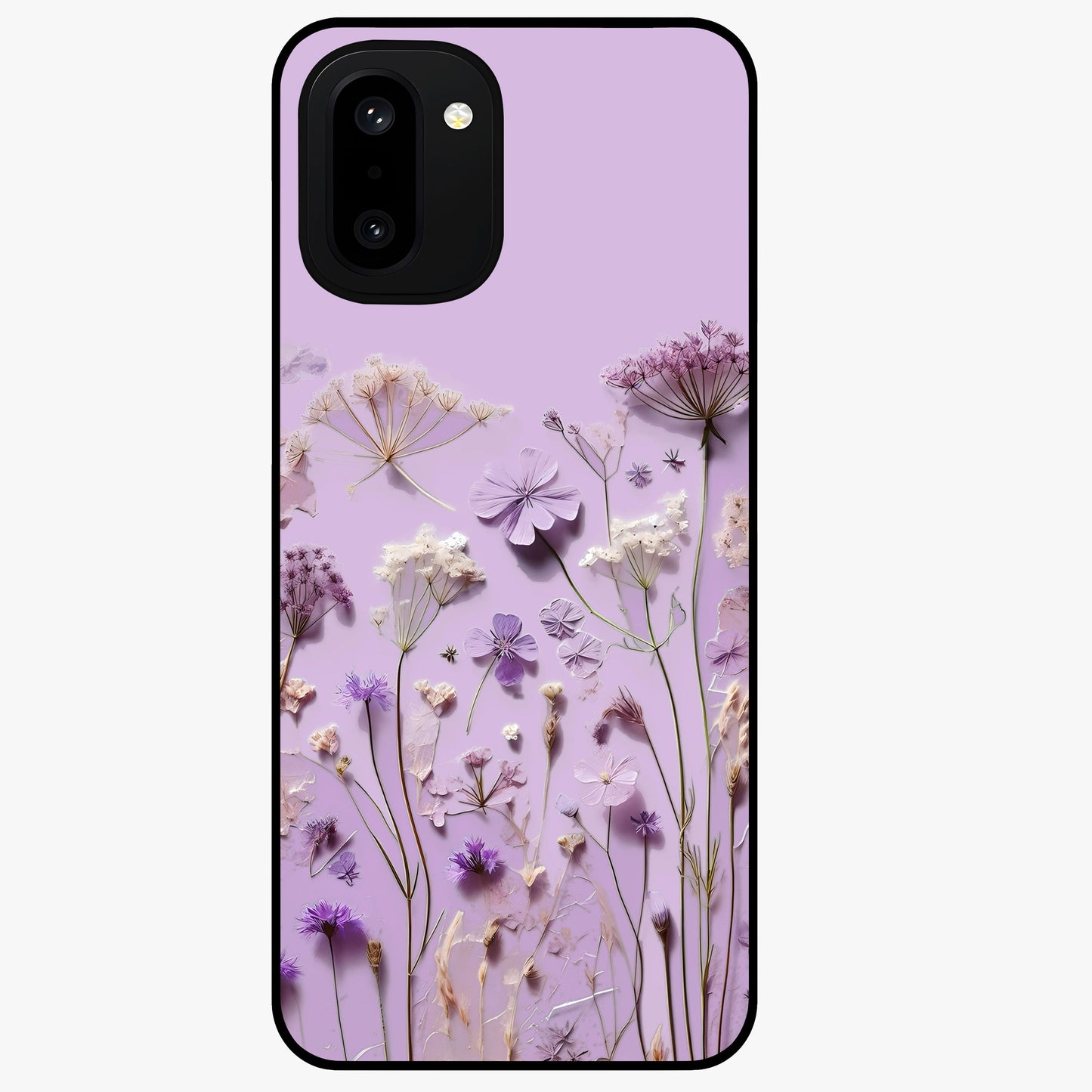 Lavender Blossom Dream Glass Case for 1+15R soft front view featuring delicate lavender floral artwork