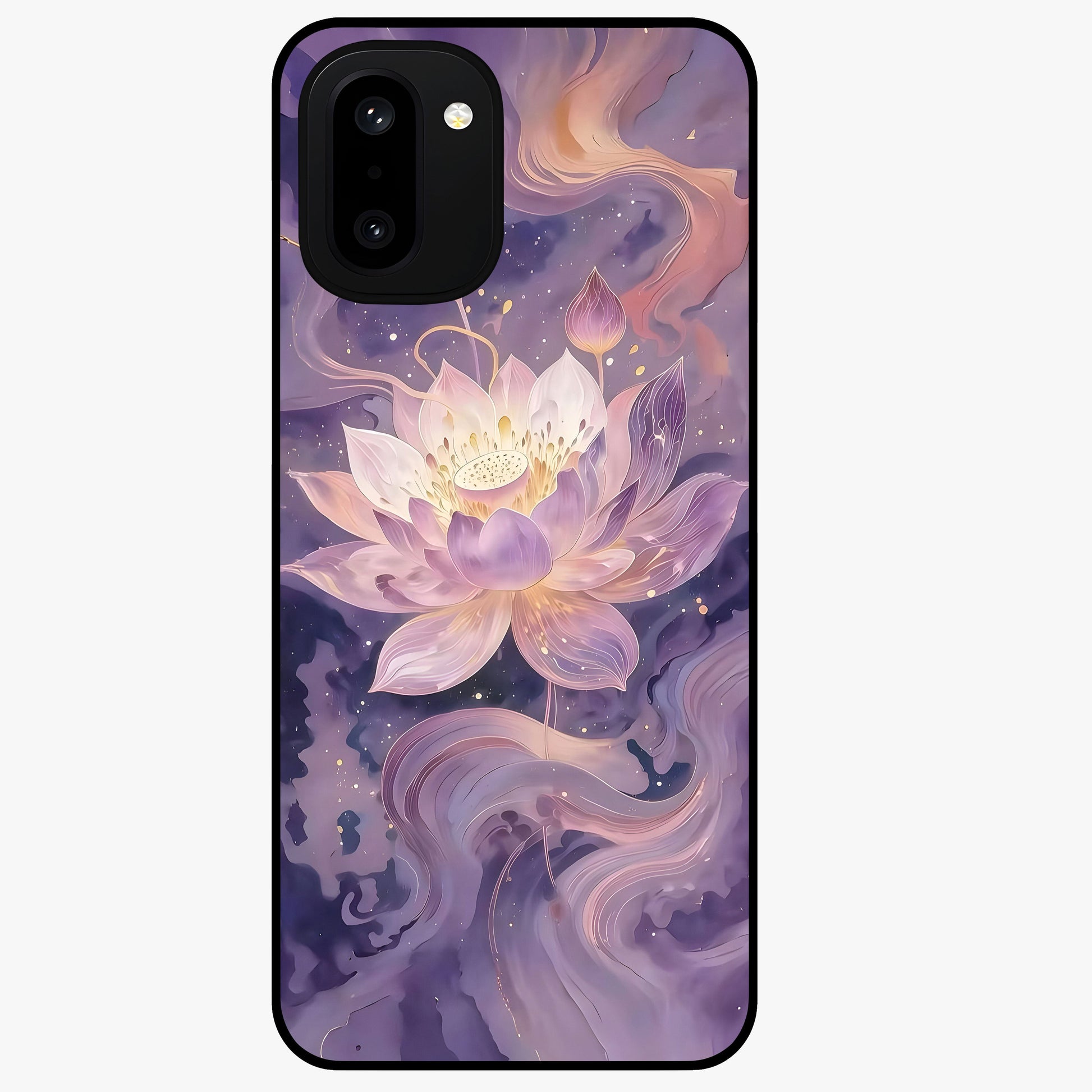 Lavender Lotus Muse Glass Case for 1+15R elegant front view featuring lotus artwork in calming lavender tones