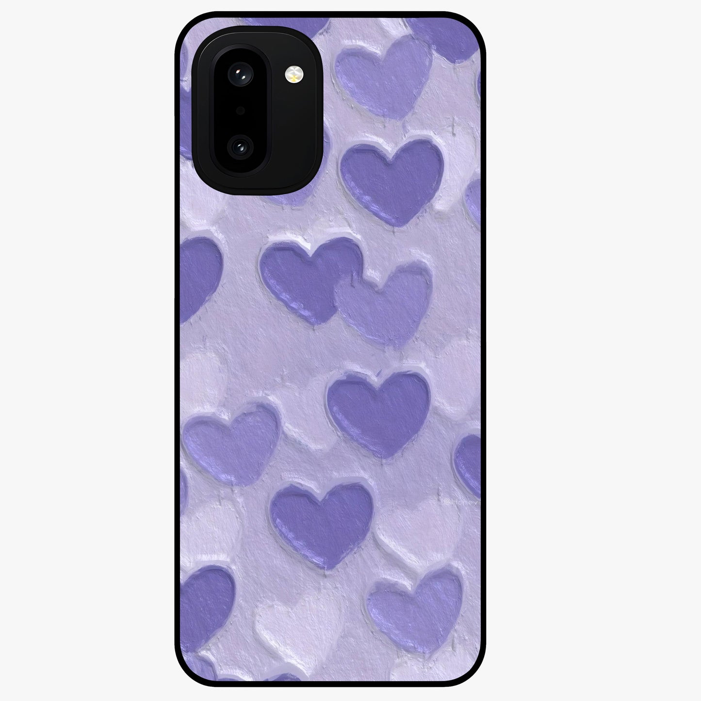Lavender Paper Hearts Glass Case for 1+15R cute front view featuring layered heart artwork in soft lavender tones