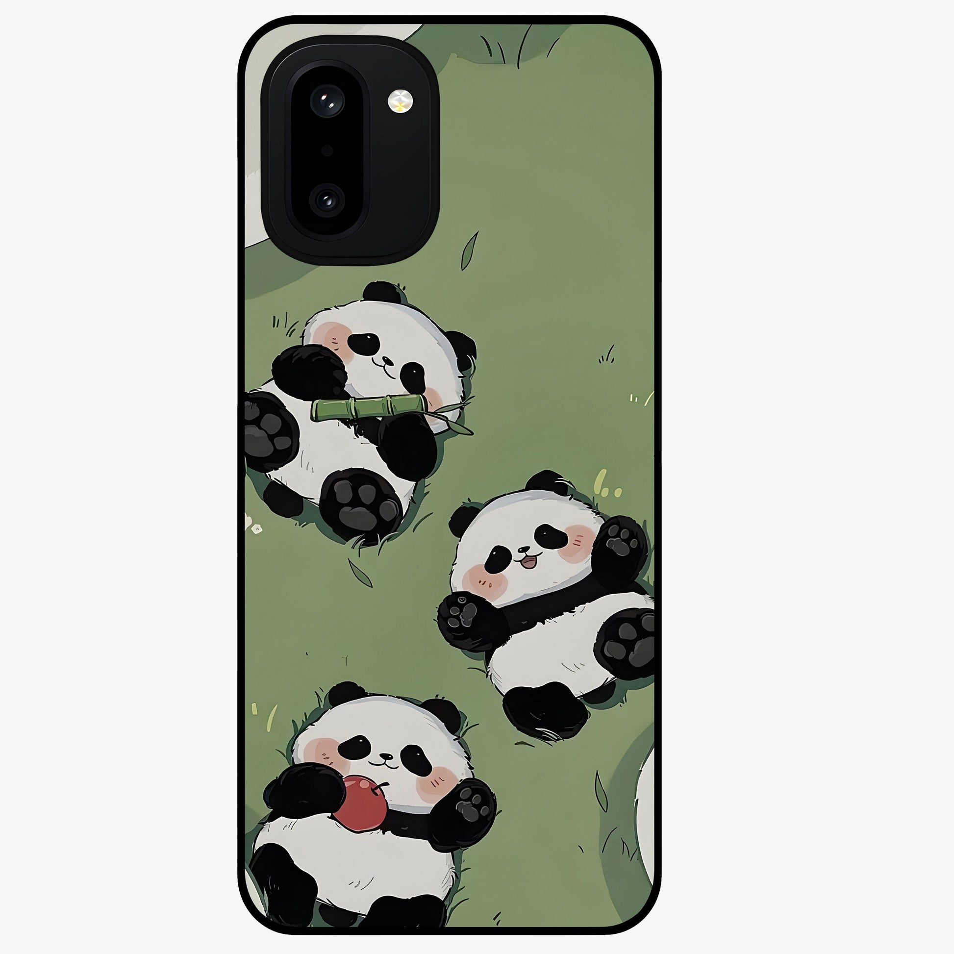 Lazy Panda Picnic Glass Case for 1+15R adorable front view featuring playful panda picnic themed artwork