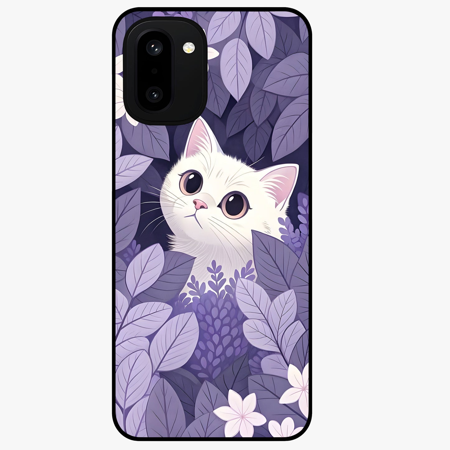 Lilac Hide Peek Cat Glass Case for 1+15R adorable front view featuring playful cat artwork in lilac tones