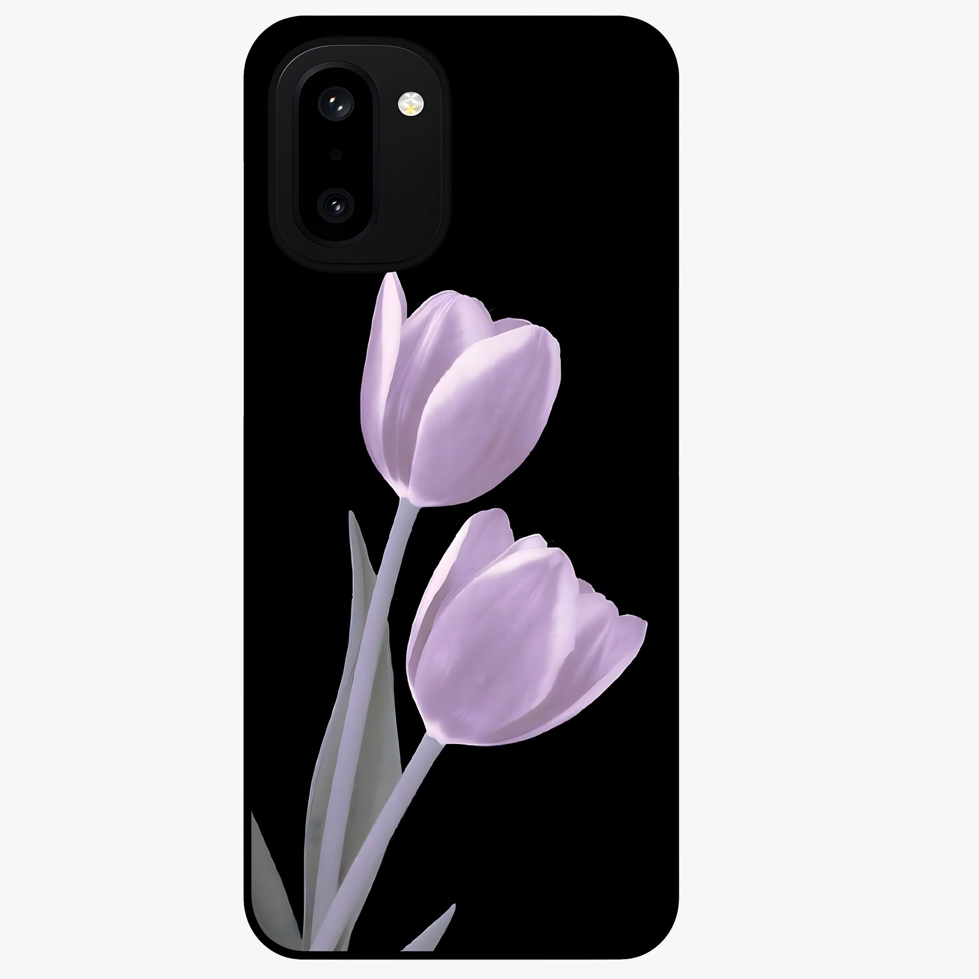Lilac Tulip Flowers Glass Case for 1+15R elegant front view featuring tulip floral artwork in soft lilac tones