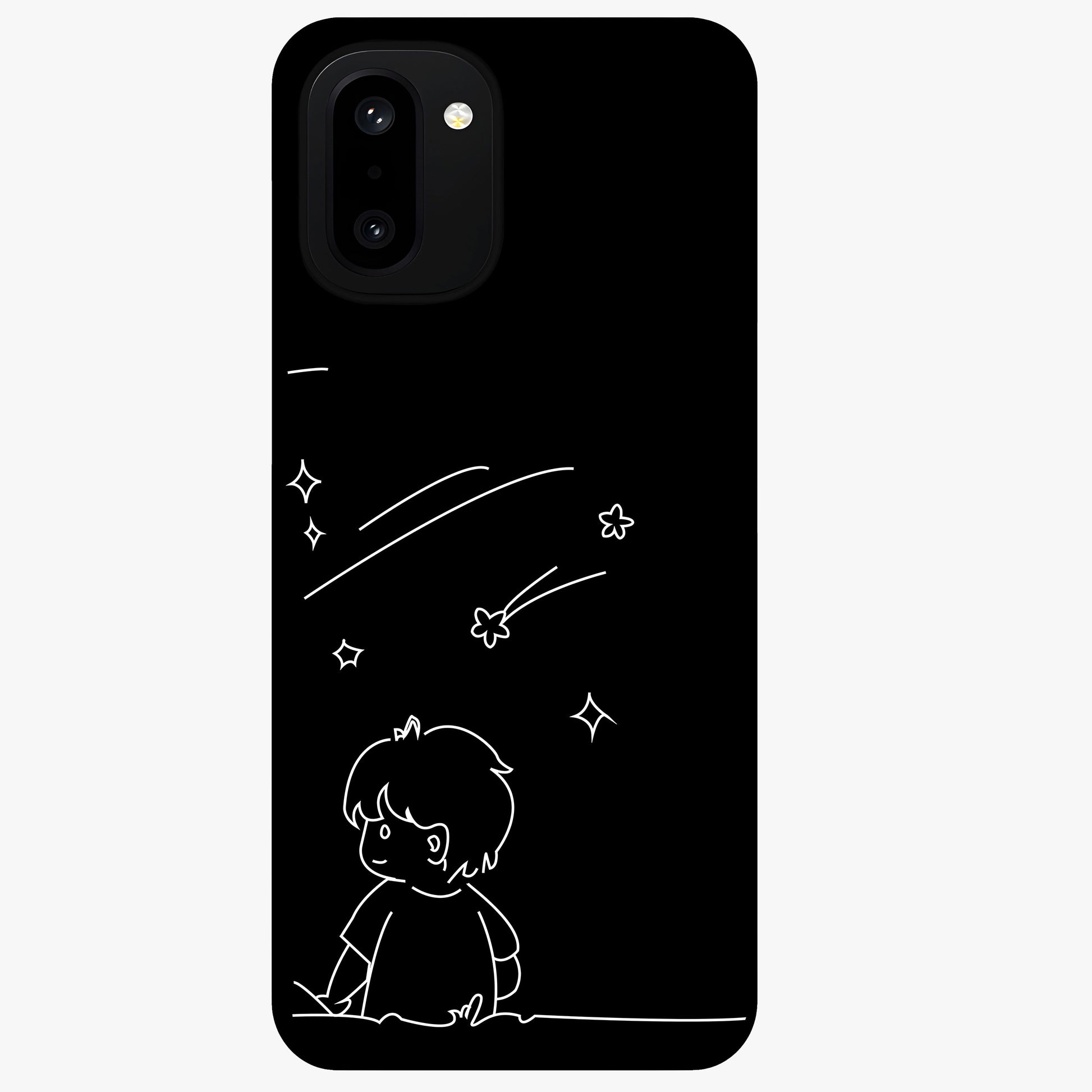Line Art Boy With Shooting Stars Glass Case for 1+15R artistic front view featuring minimal line art character with star accents
