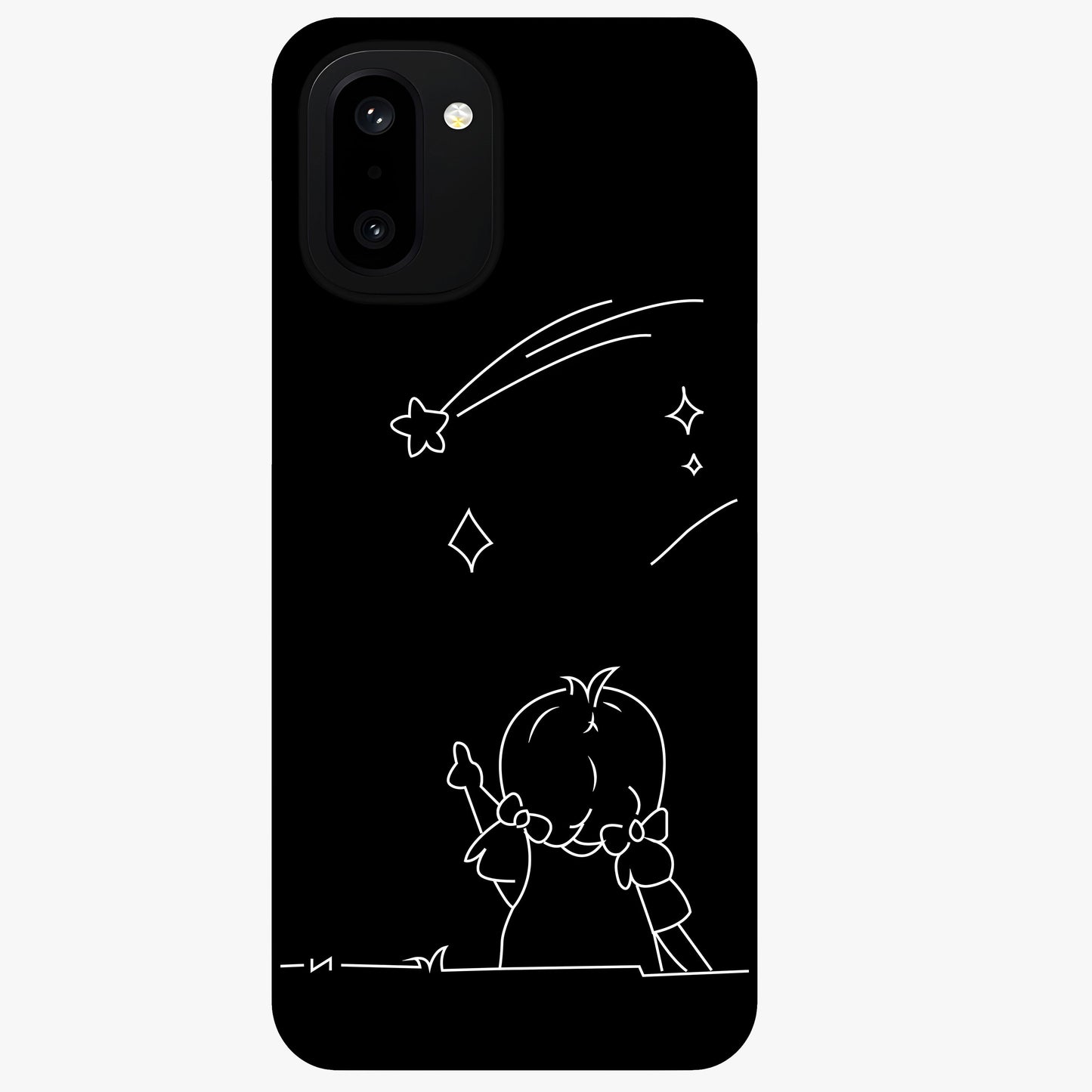 Line Art Girl With Shooting Stars Glass Case for 1+15R elegant front view featuring minimal line art character with shooting stars