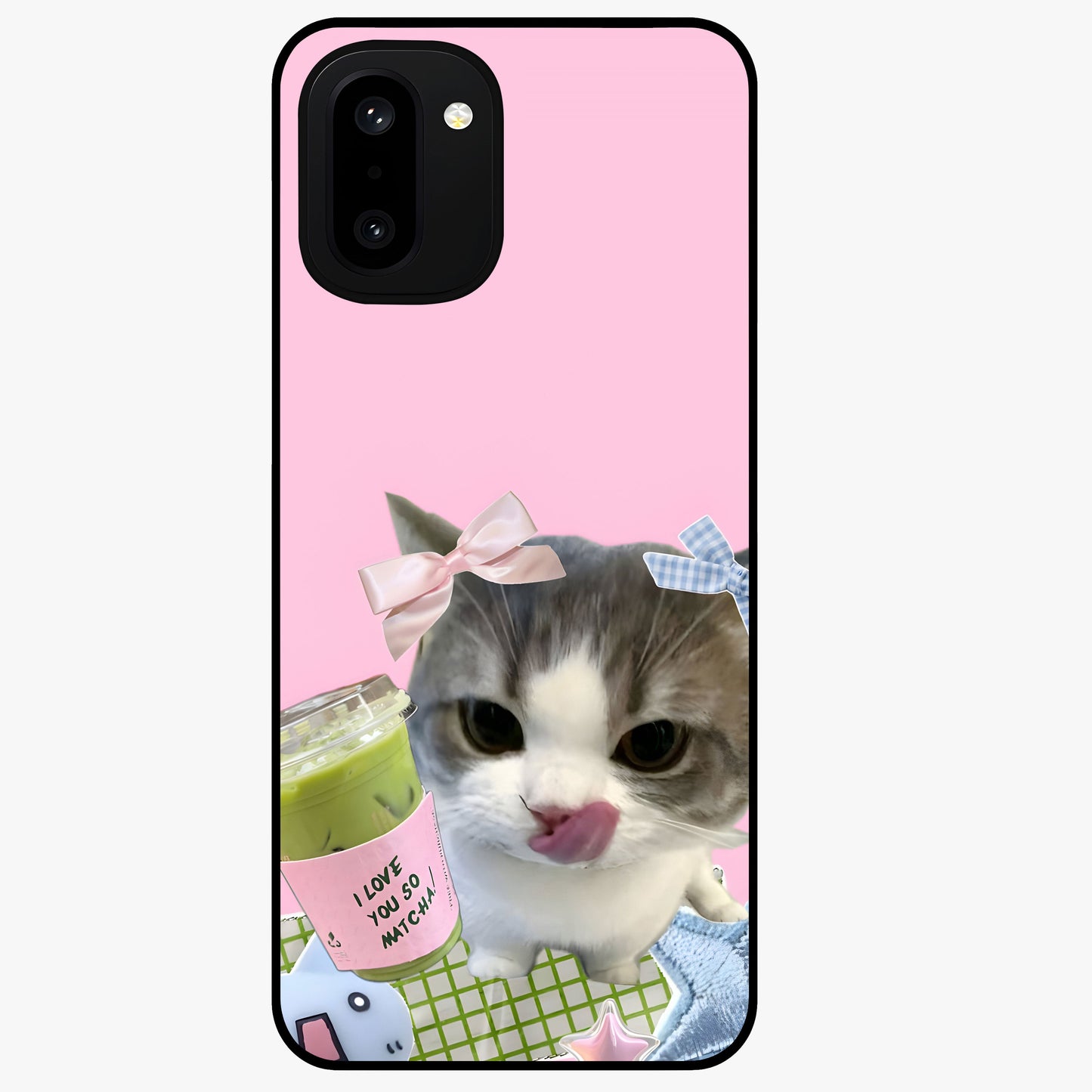 Love Matcha Cat Glass Case for 1+15R adorable front view featuring cute cat artwork with matcha theme