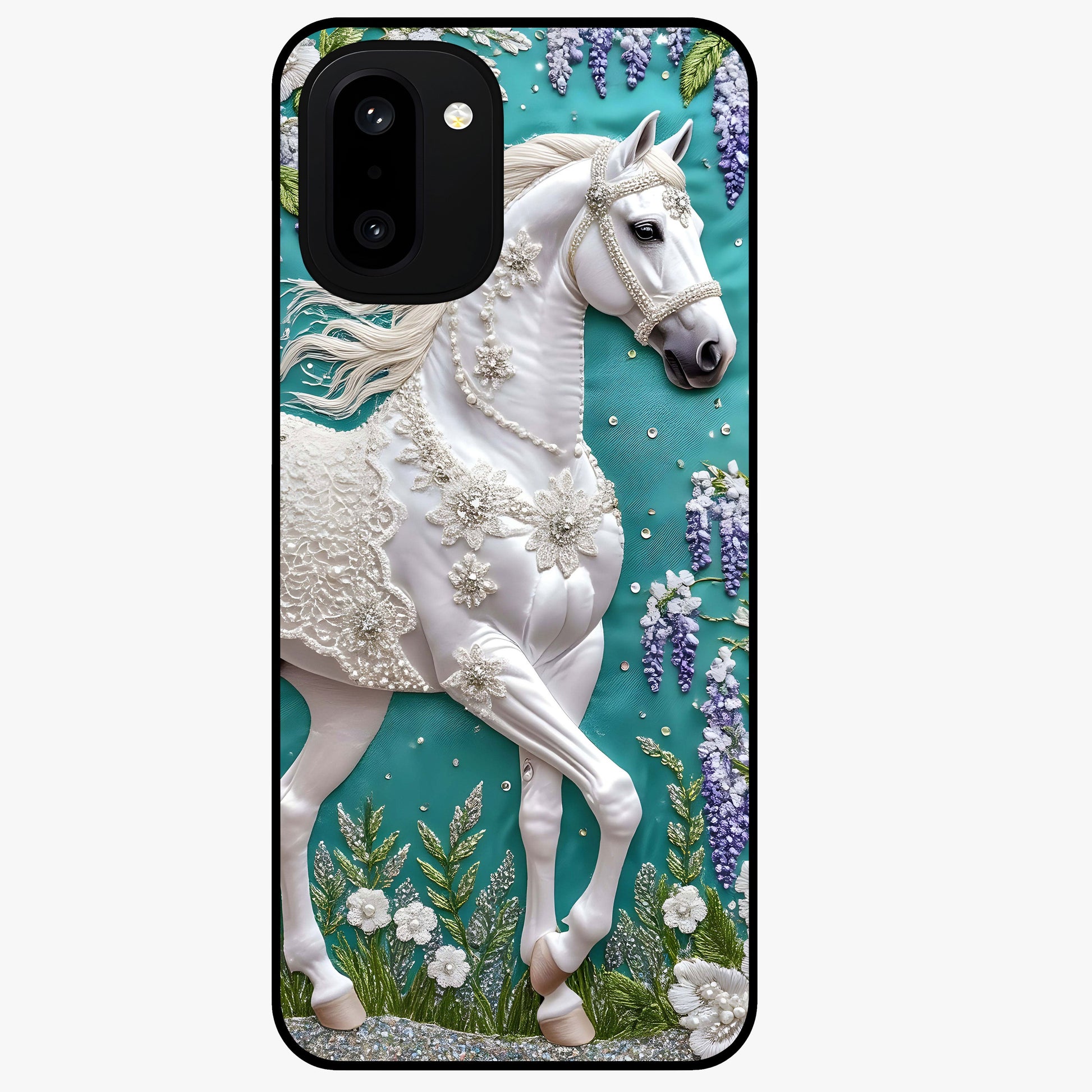 Majestic Floral Stallion Glass Case for 1+15R powerful front view featuring horse artwork blended with floral detailing