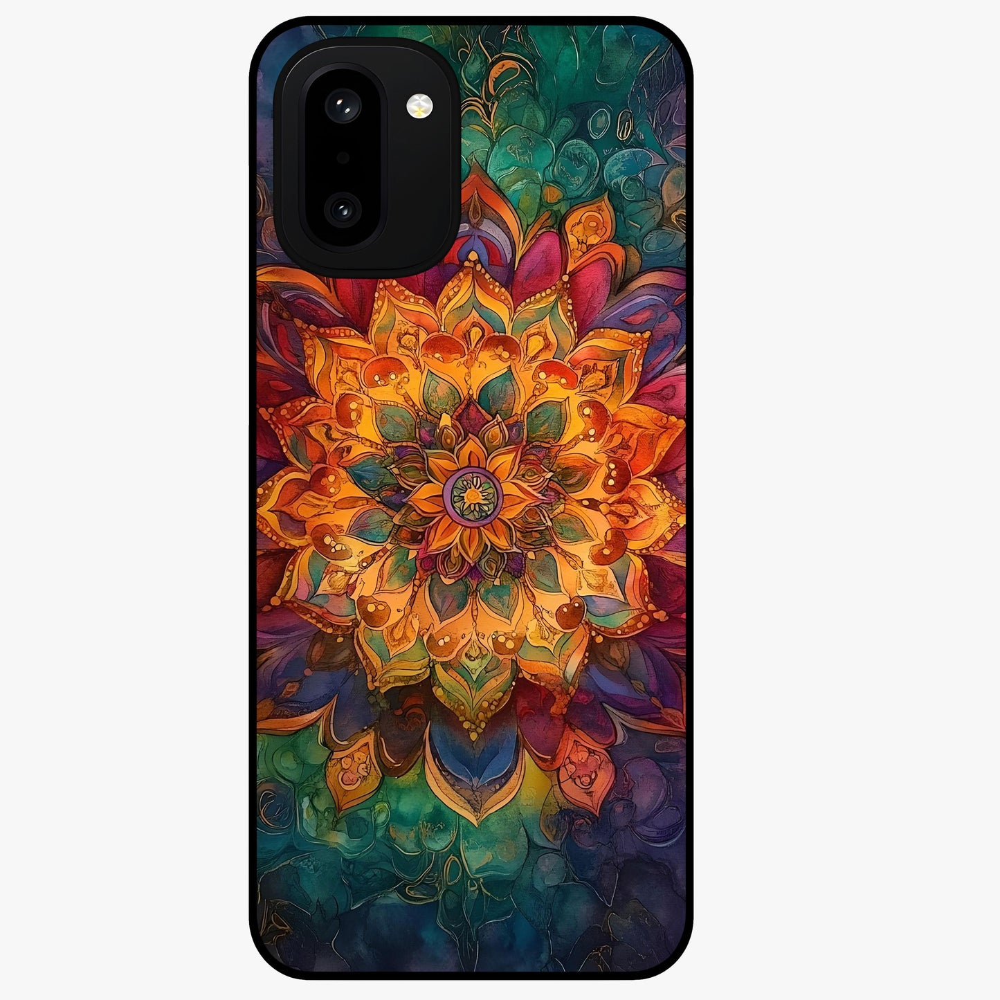 Mandala Vibrants Glass Case for 1+15R artistic front view featuring colorful mandala pattern artwork