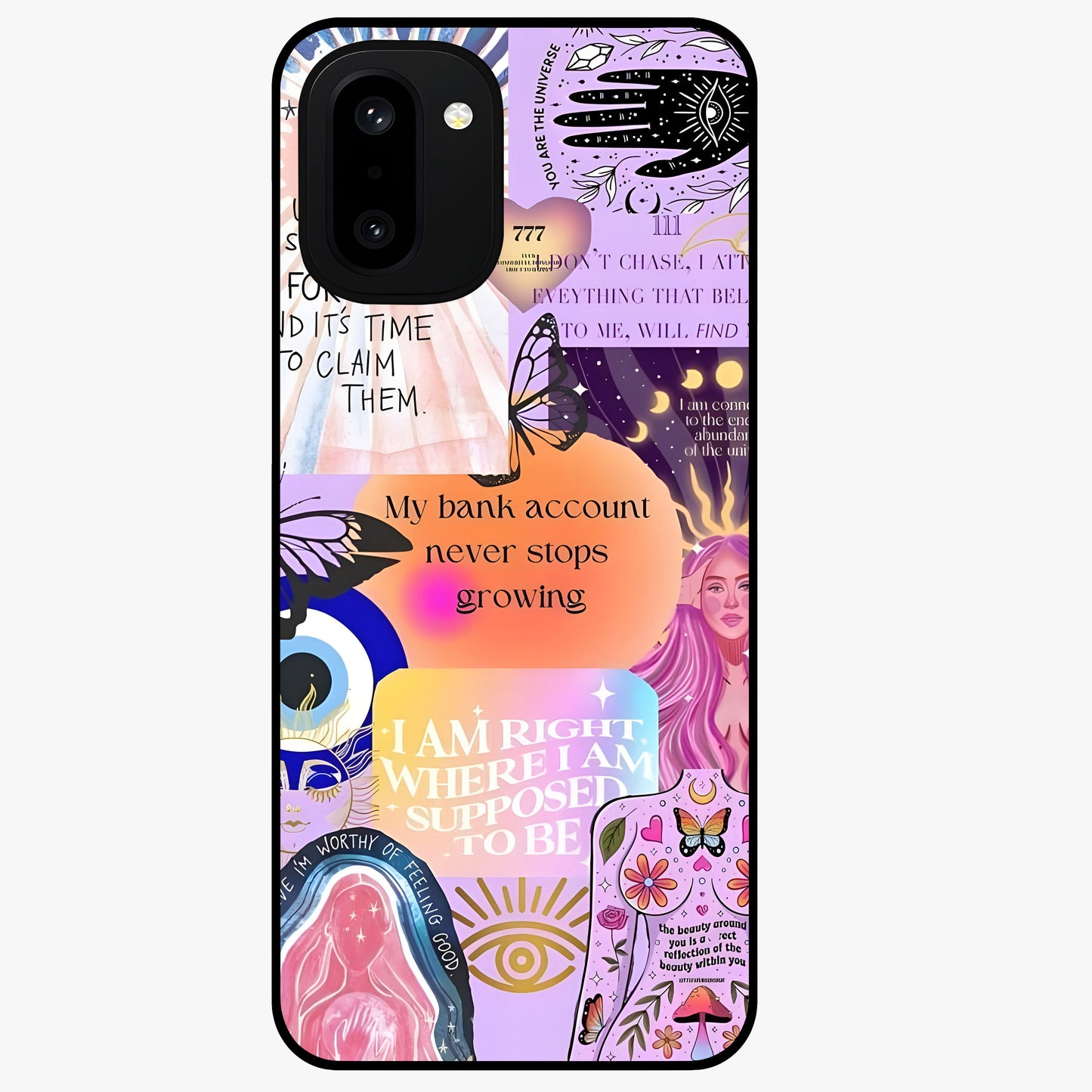 Manifestation Collage Glass Case for 1+15R creative front view featuring aesthetic vision board collage artwork