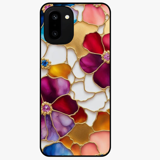 Marble Flower Pattern Glass Case for 1+15R stylish front view featuring floral artwork blended with marble texture