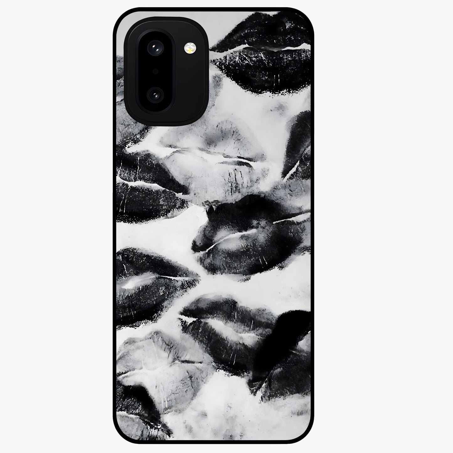 Midnight Kiss Marks Glass Case for 1+15R bold front view featuring romantic kiss mark artwork on dark background