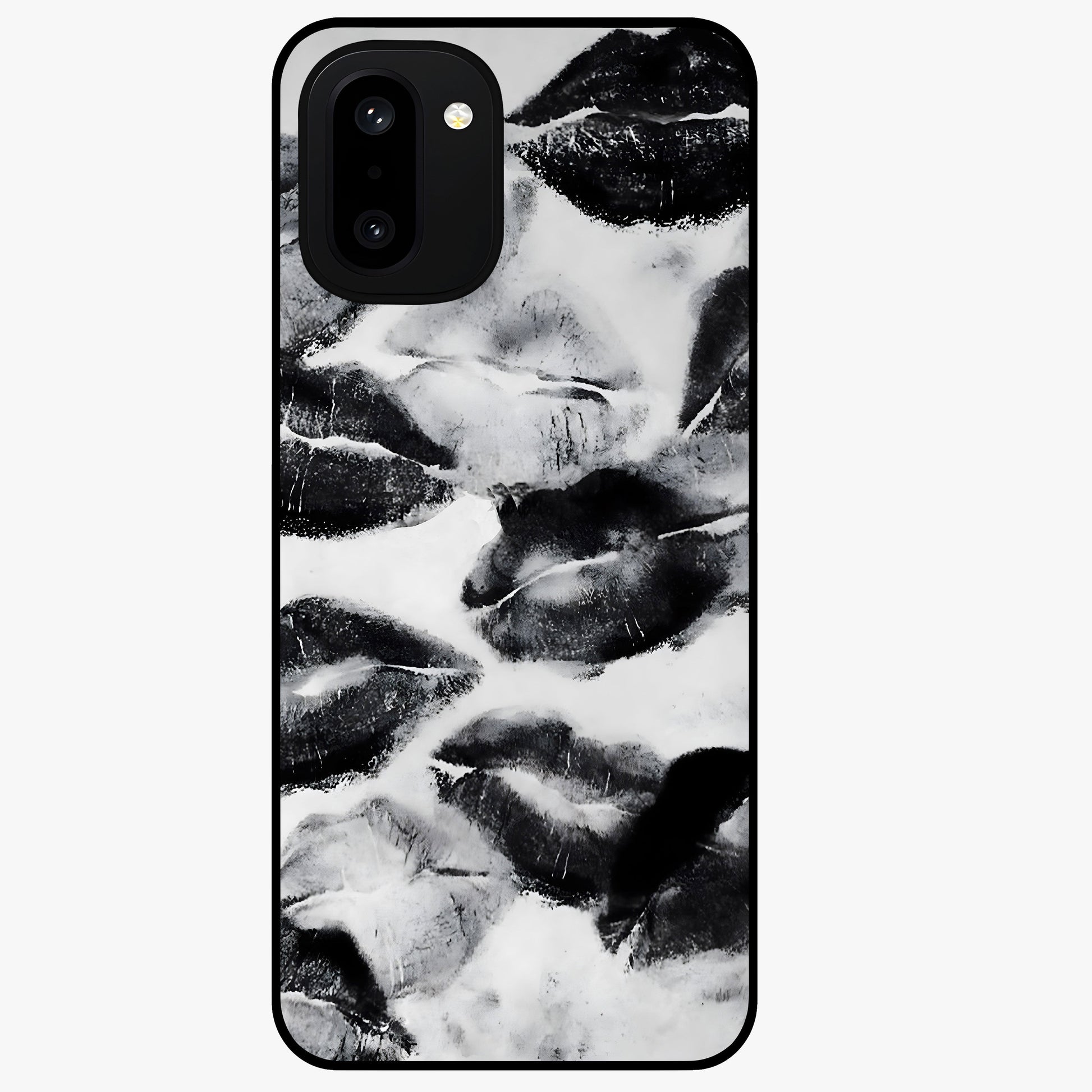 Midnight Kiss Marks Glass Case for 1+15R bold front view featuring romantic kiss mark artwork on dark background