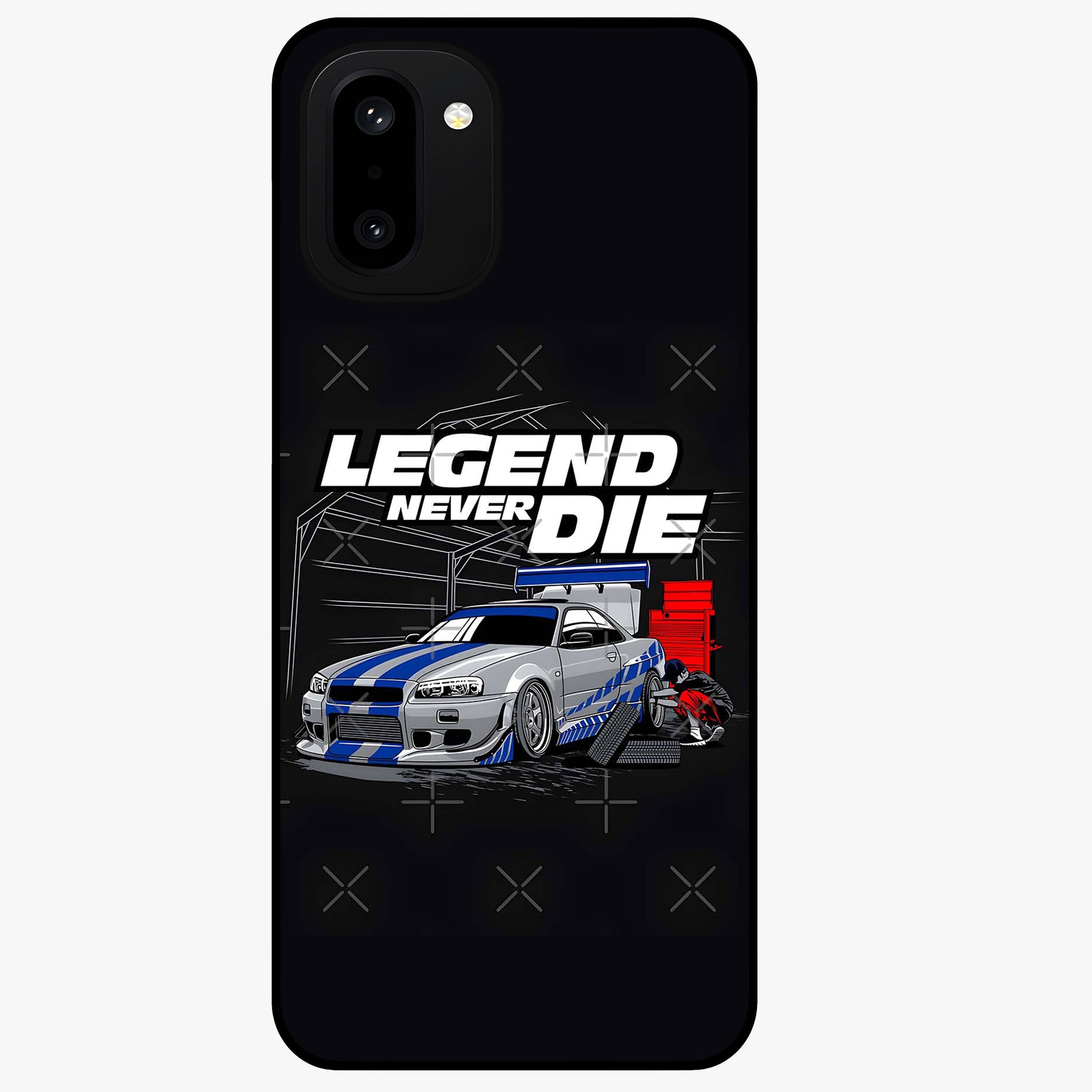 Midnight Racing Legacy Glass Case for 1+15R bold front view featuring racing inspired artwork in dark tones