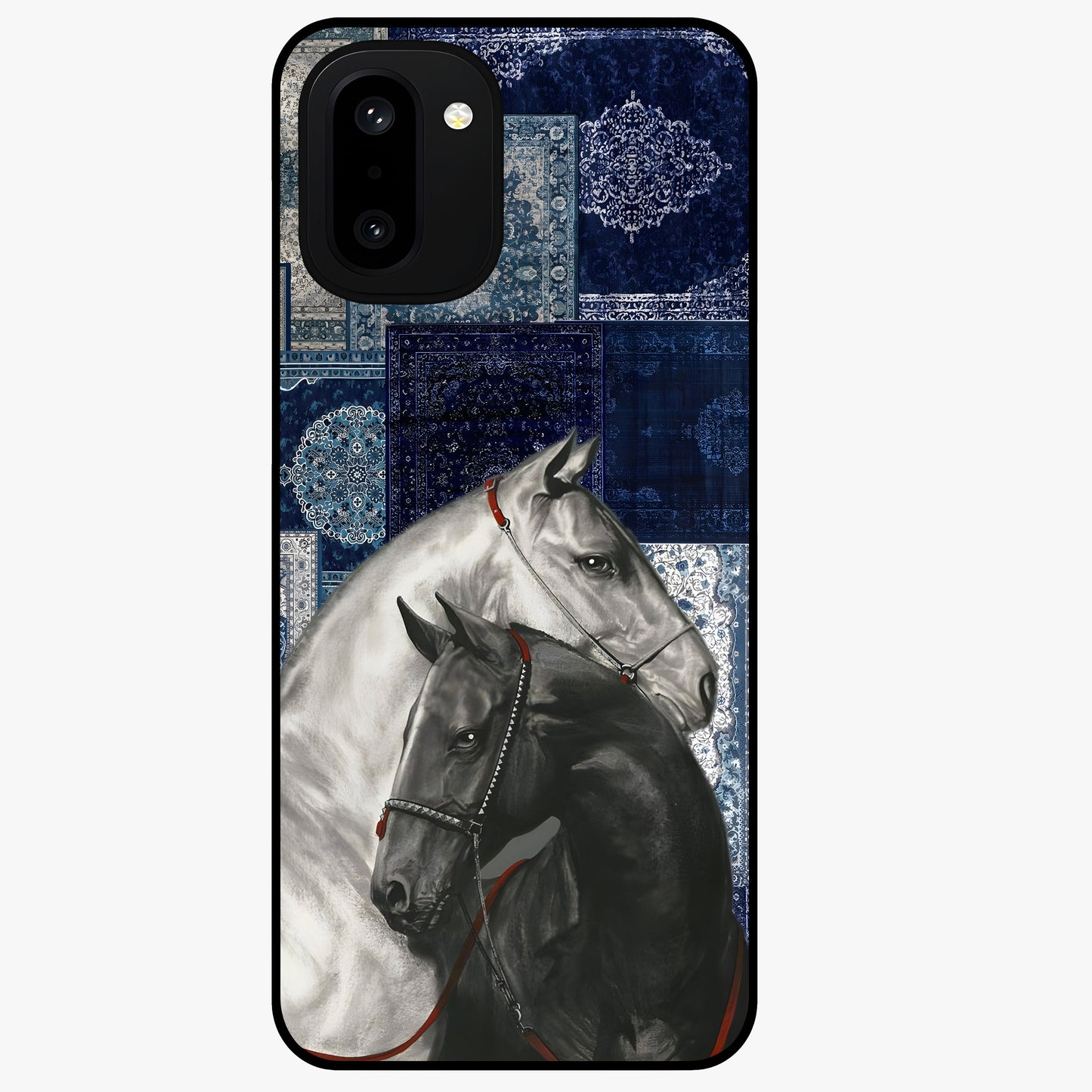 Midnight Stallion Blues Glass Case for 1+15R powerful front view featuring horse artwork in deep blue night tones