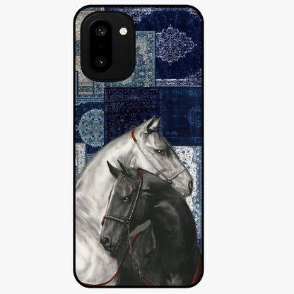 Midnight Stallion Blues Glass Case for 1+15R powerful front view featuring horse artwork in deep blue night tones