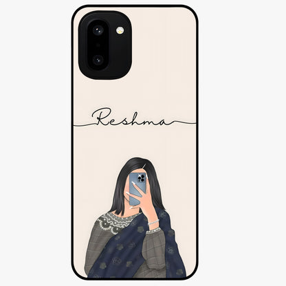 Mirror Mood Muse With Custom Name Glass Case for 1+15R stylish front view featuring aesthetic artwork with personalized name detail