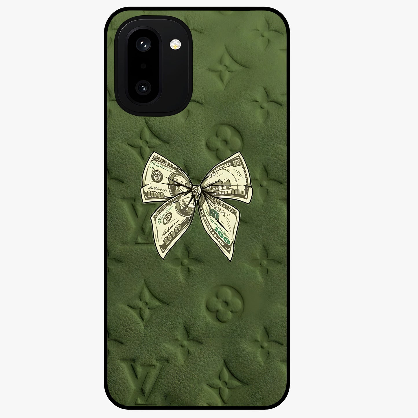 Money Bow Lv Glass Case for 1+15R luxury inspired front view featuring bold fashion themed artwork