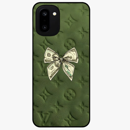 Money Bow Lv Glass Case for 1+15R luxury inspired front view featuring bold fashion themed artwork