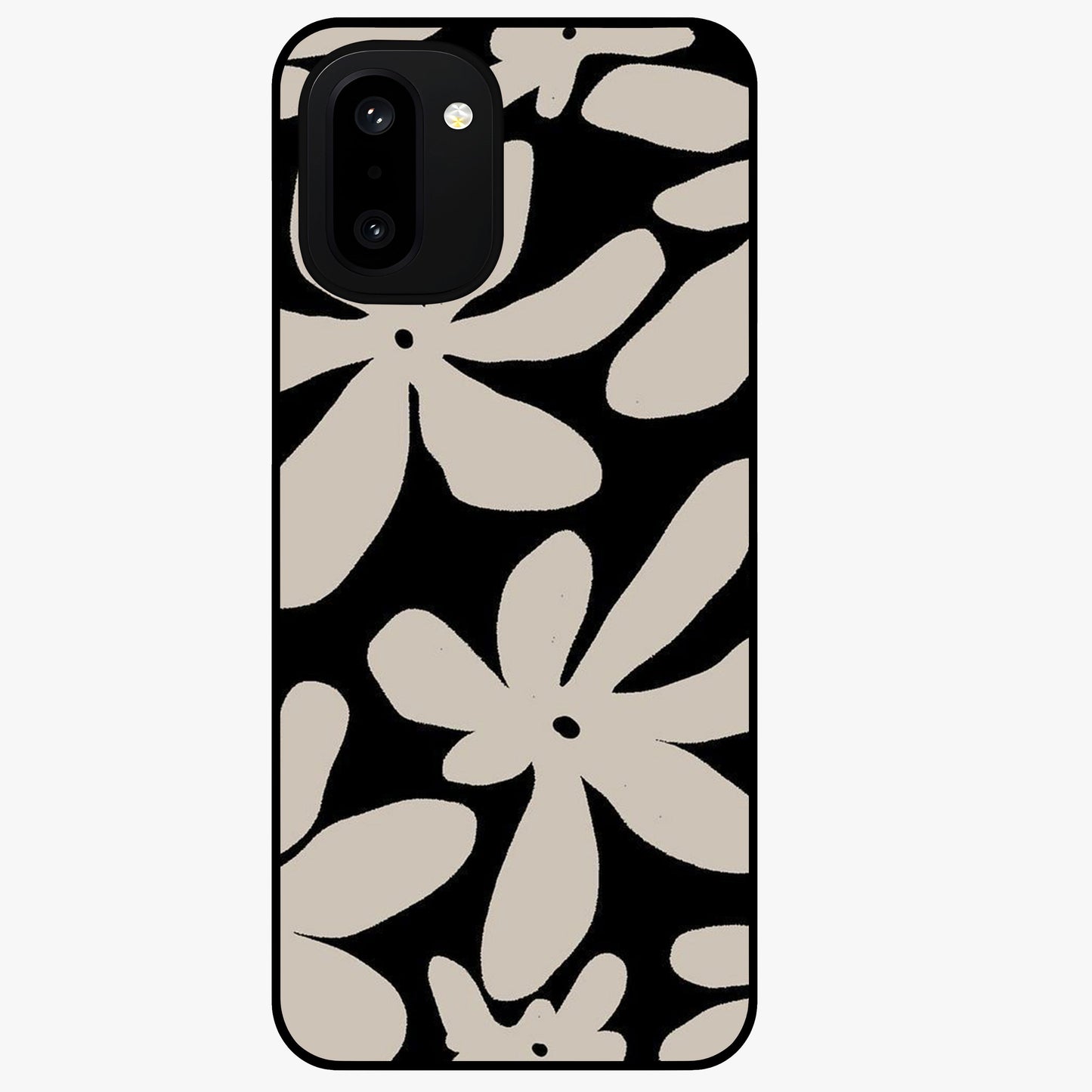 Monochrome Petal Dance Glass Case for 1+15R artistic front view featuring black and white floral artwork