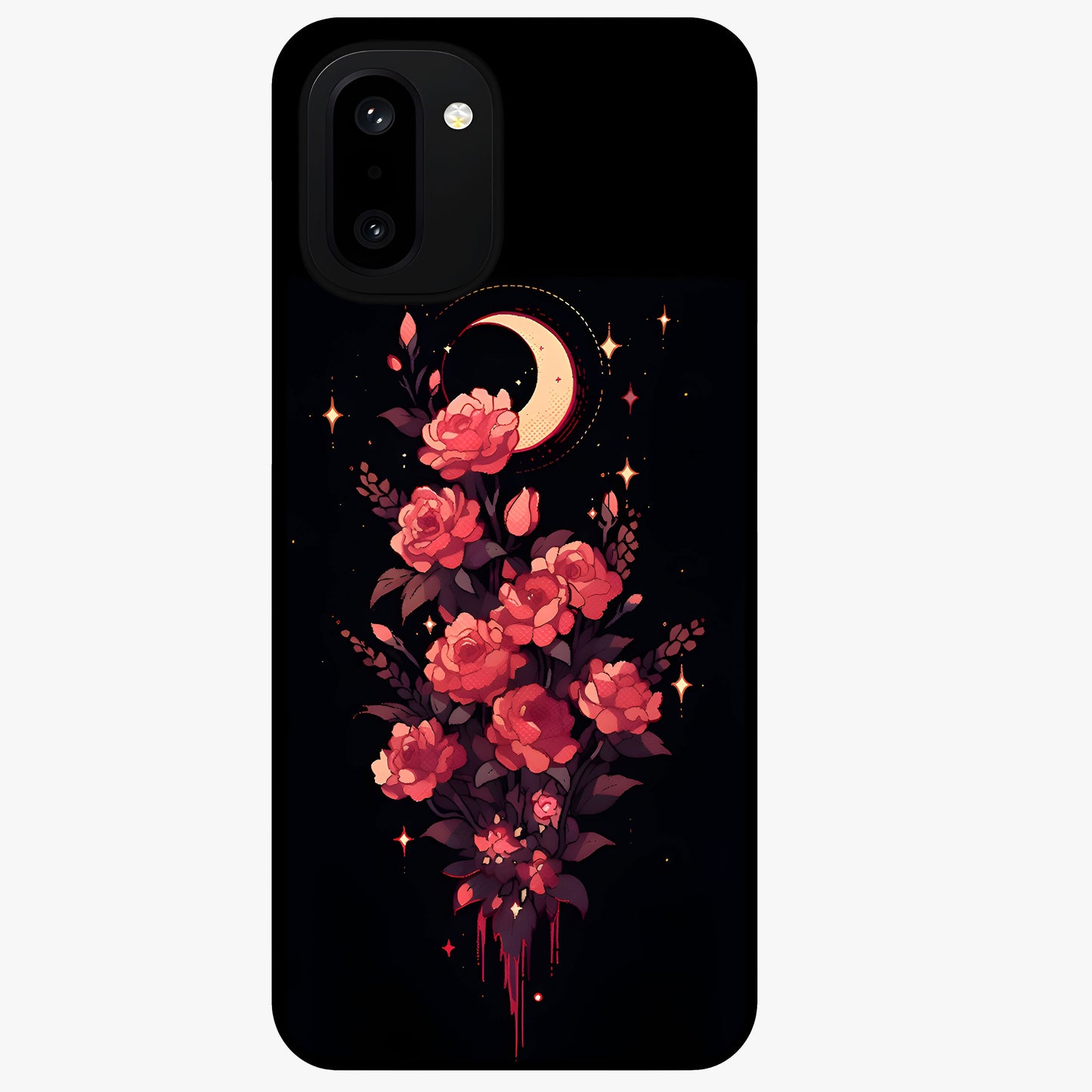 Moonlit Floral Elegance Glass Case for 1+15R graceful front view featuring sophisticated floral artwork on dark backdrop