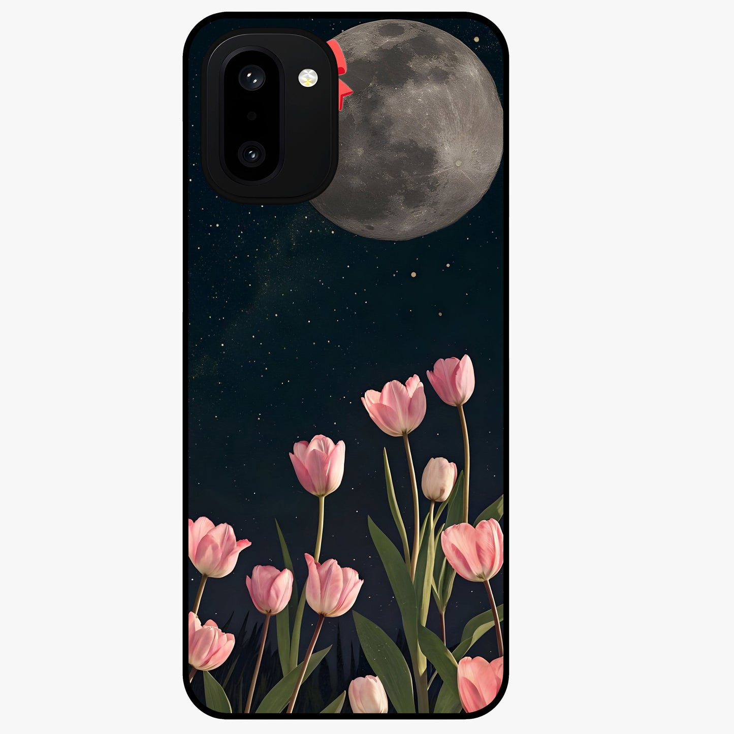 Moonlit Night Tulip Glass Case for 1+15R serene front view featuring tulip floral artwork in midnight tones