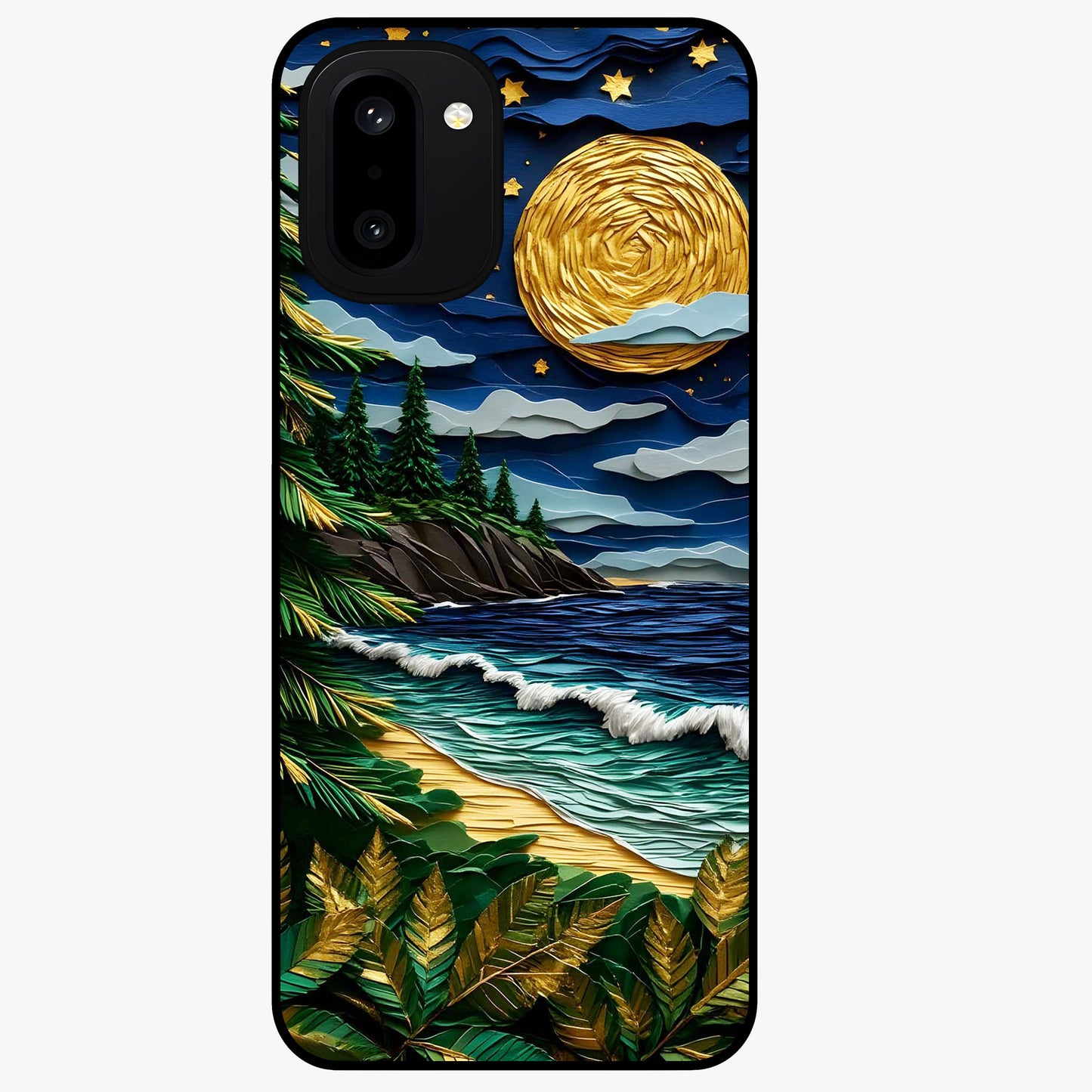 Moonlit Ocean Pines Glass Case for 1+15R scenic front view featuring pine trees by ocean under moonlit sky