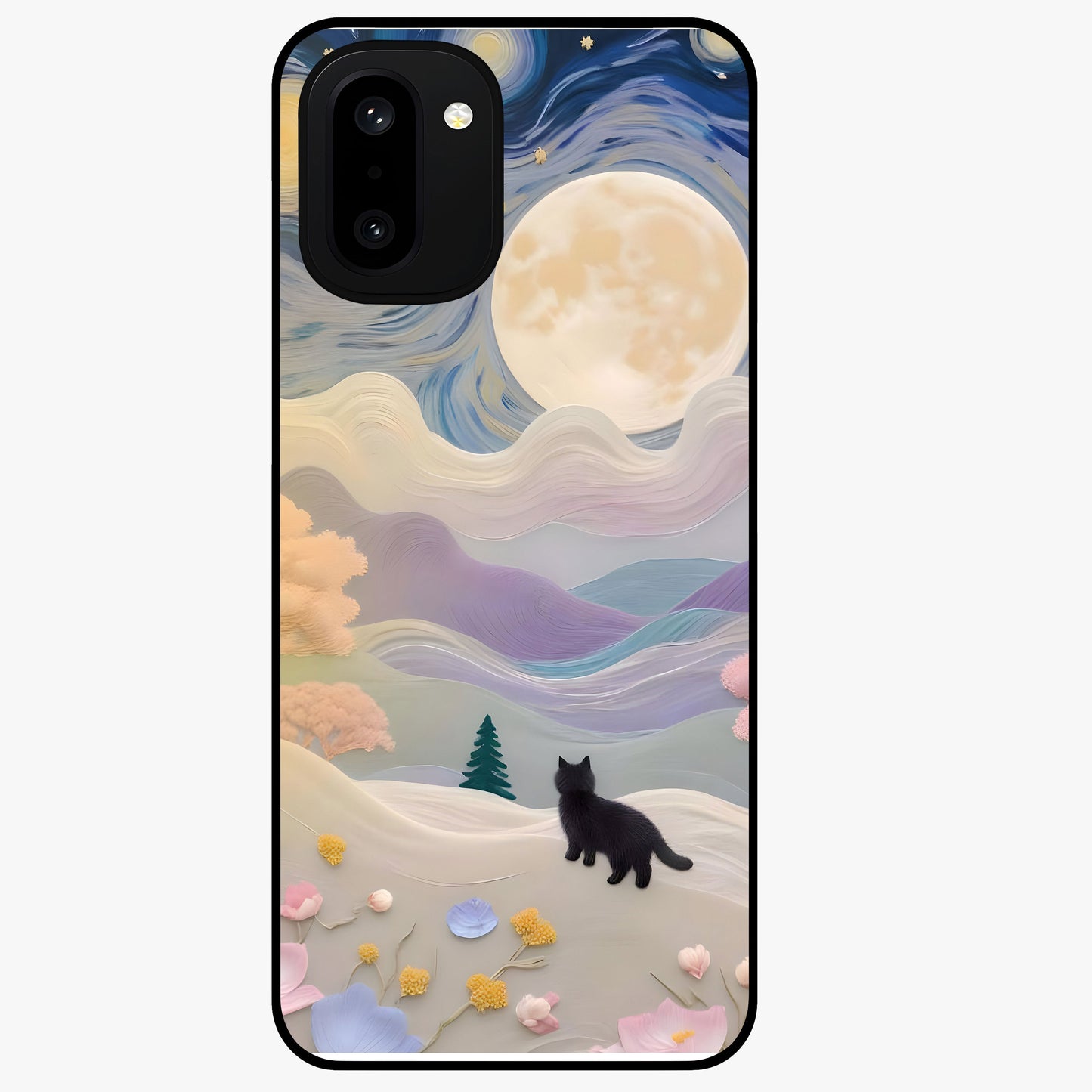Moonlit Petal Path Glass Case for 1+15R artistic front view featuring floral pathway artwork under soft moonlight