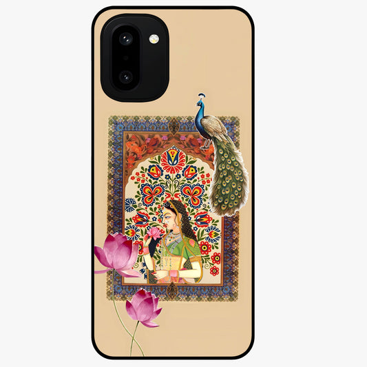 Mughal Princess and Peacock Glass Case for 1+15R royal front view featuring intricate princess and peacock artwork