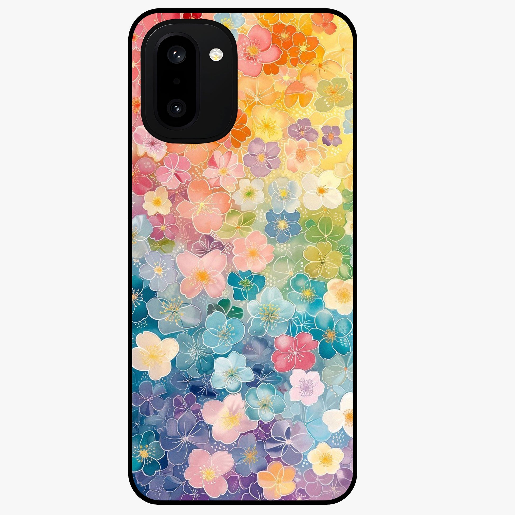 Multiple Background With Flower Glass Case for 1+15R vibrant front view featuring layered floral artwork on mixed backgrounds