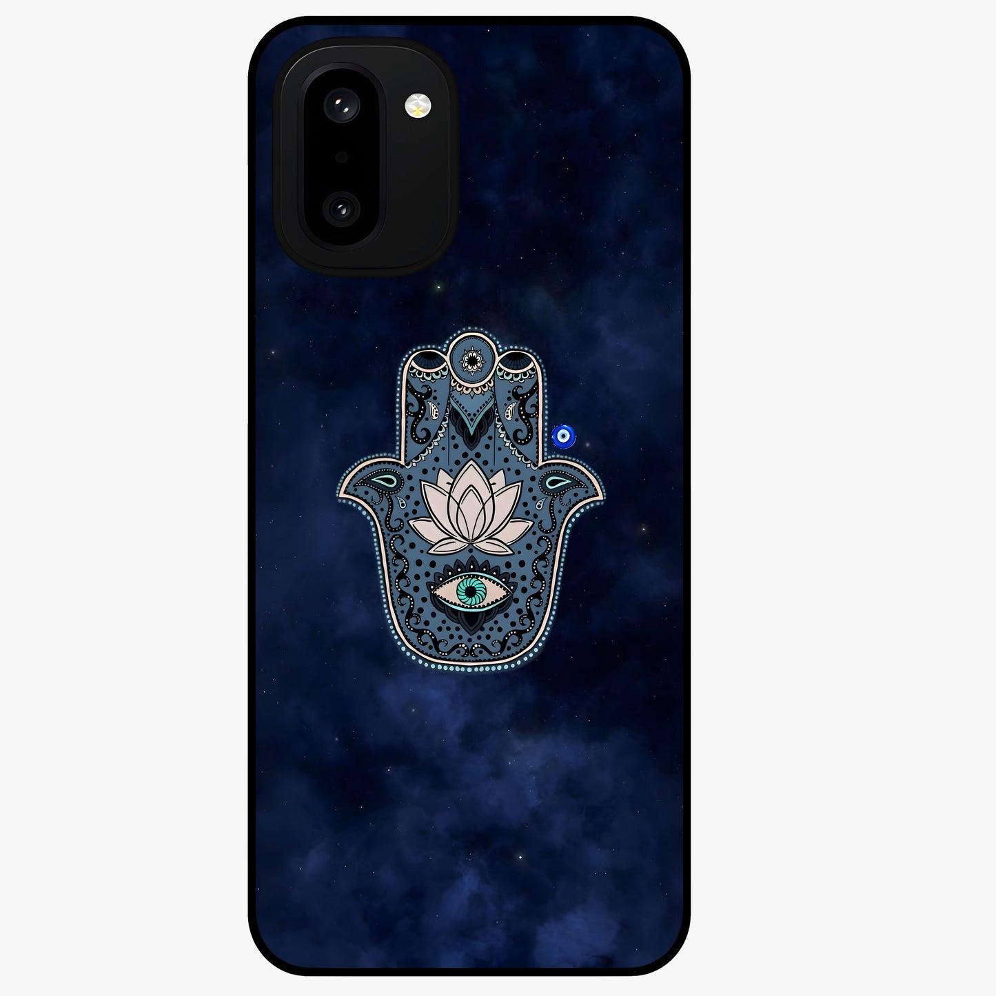 Mystic Calm Shield Glass Case for 1+15R serene front view featuring symbolic shield artwork in calming tones