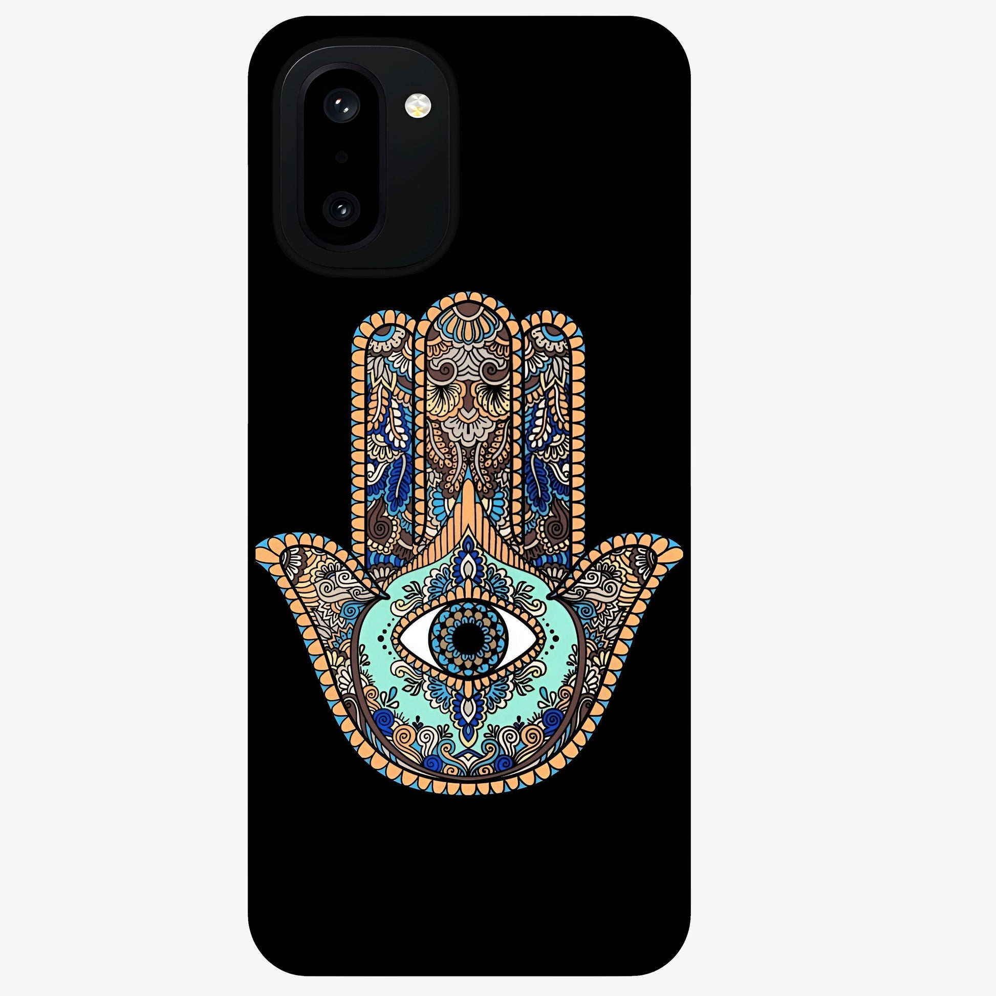 Mystic Hamsa Eye Glass Case for 1+15R symbolic front view featuring traditional hamsa eye artwork