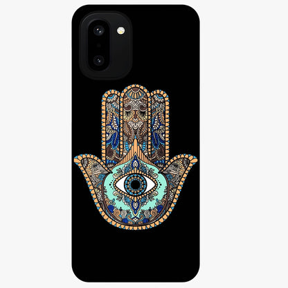 Mystic Hamsa Eye Glass Case for 1+15R symbolic front view featuring traditional hamsa eye artwork