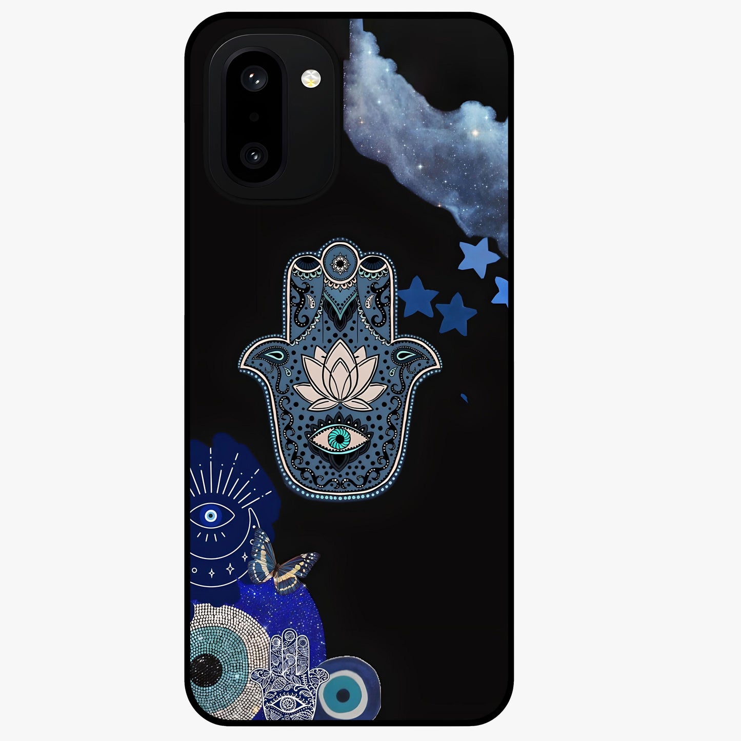 Mystic Hand Aura Glass Case for 1+15R artistic front view featuring hand symbol artwork with glowing aura tones